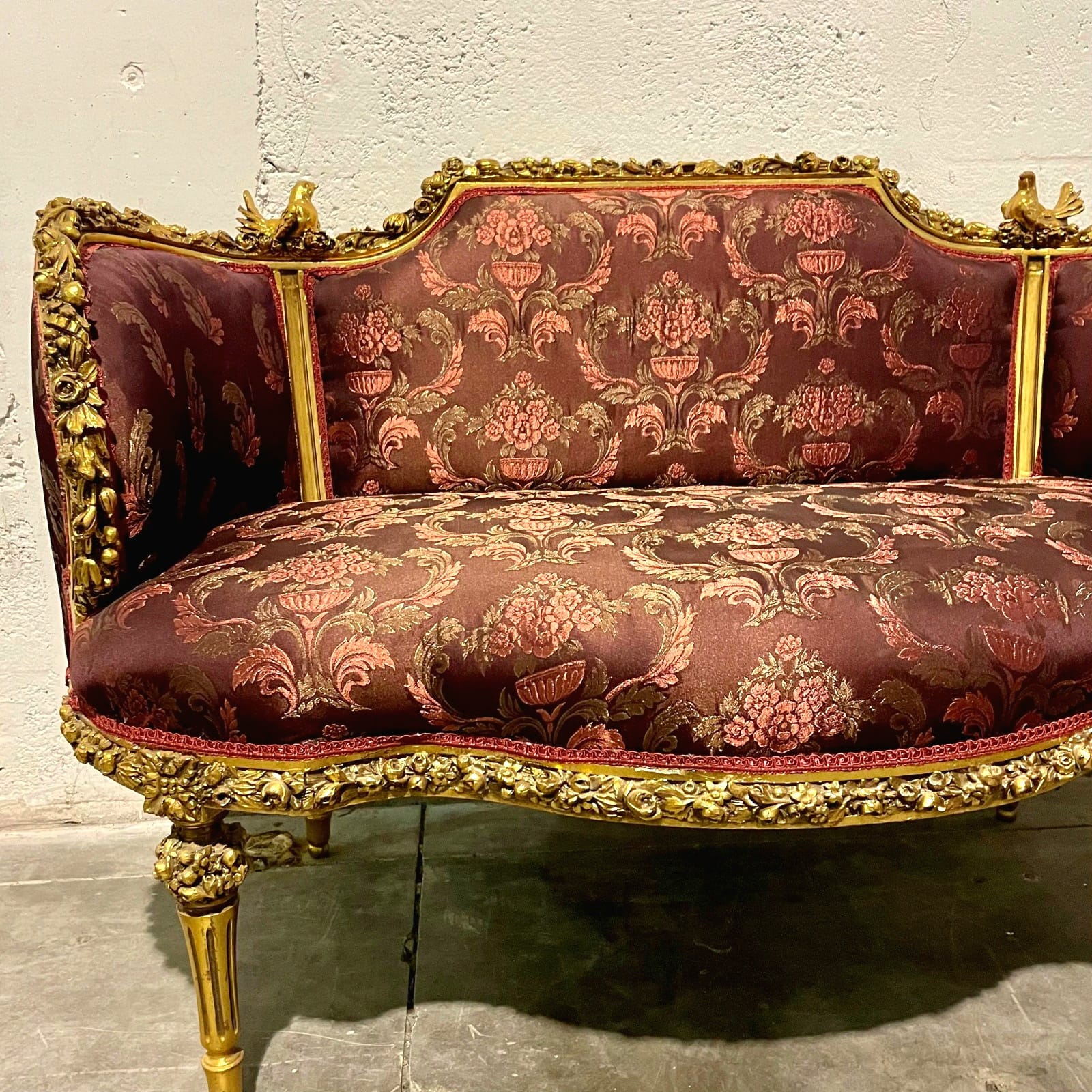 French Baroque Style Red Wine Sofa – Gold Leaf Details, Luxury Designer Upholstery