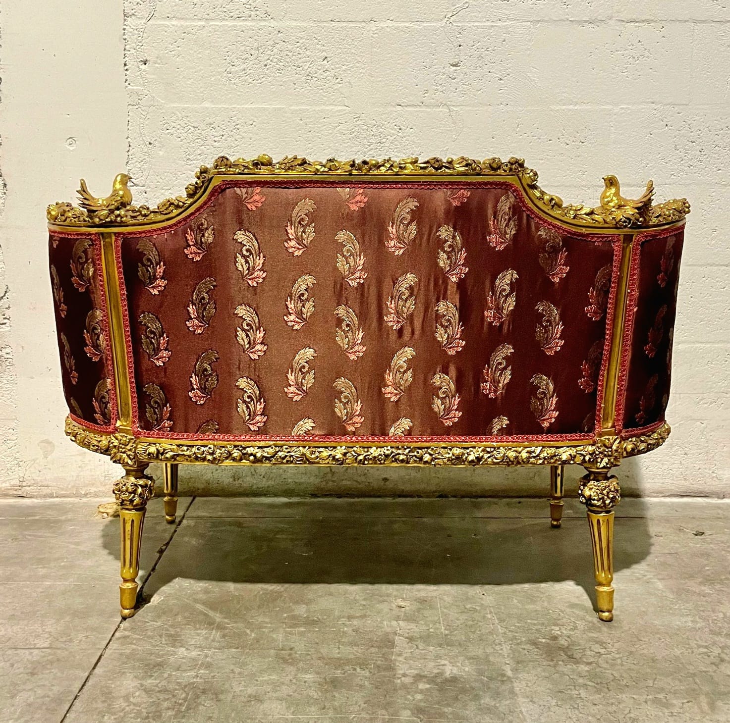 French Baroque Style Red Wine Sofa – Gold Leaf Details, Luxury Designer Upholstery