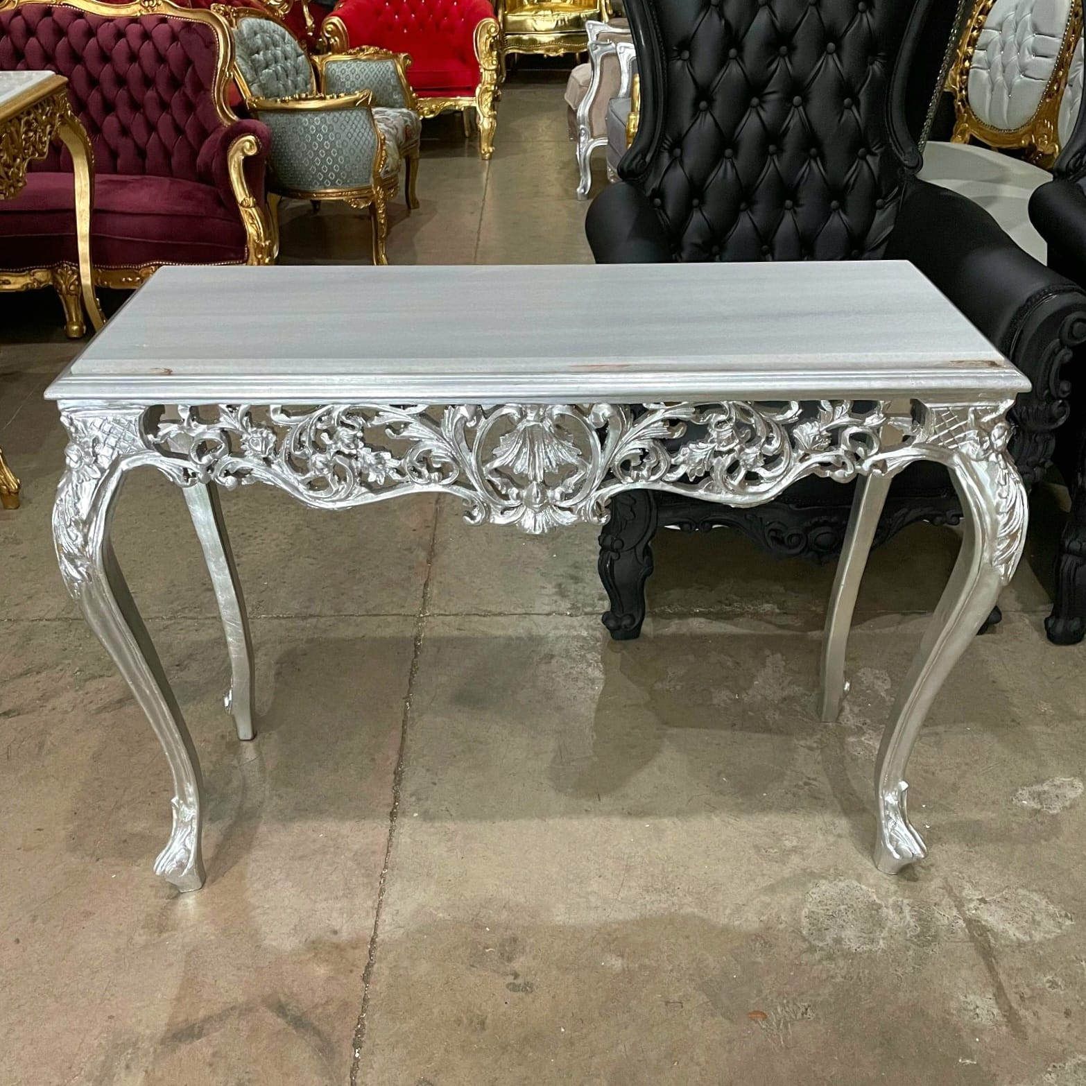 Luxury Baroque Console Table – Silver Leaf Finish with Carvings & Marble Top, 48"W x 18.5"D x 33.5"H