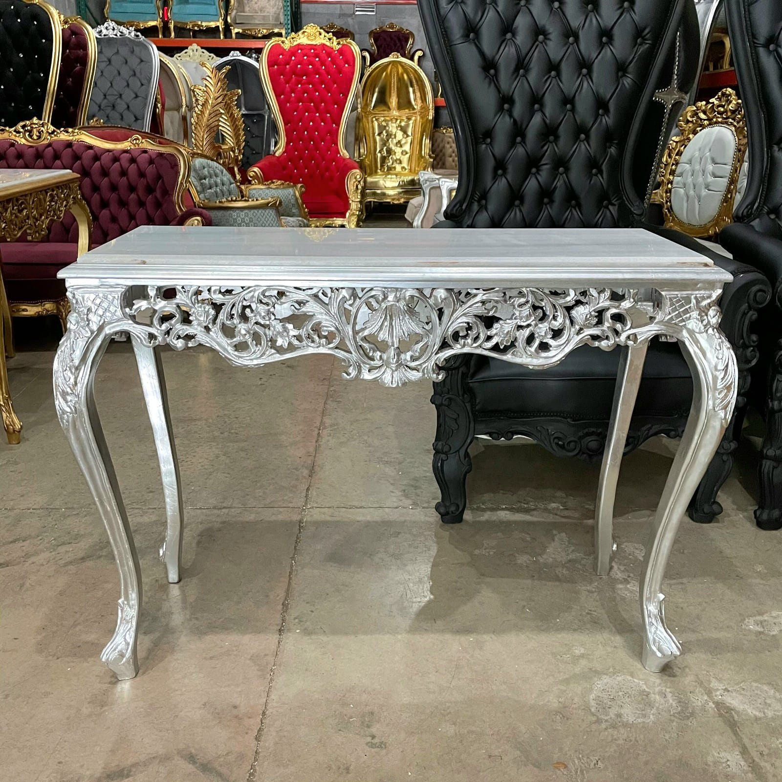 Luxury Baroque Console Table – Silver Leaf Finish with Carvings & Marble Top, 48"W x 18.5"D x 33.5"H
