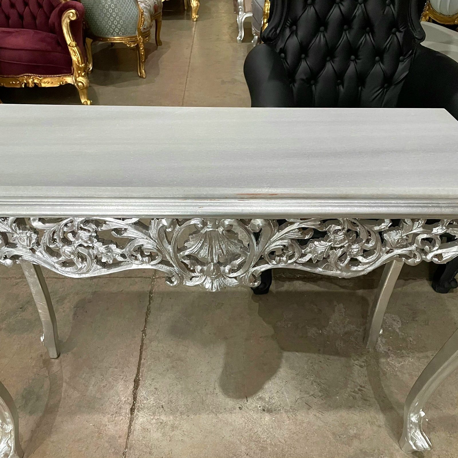 Luxury Baroque Console Table – Silver Leaf Finish with Carvings & Marble Top, 48"W x 18.5"D x 33.5"H