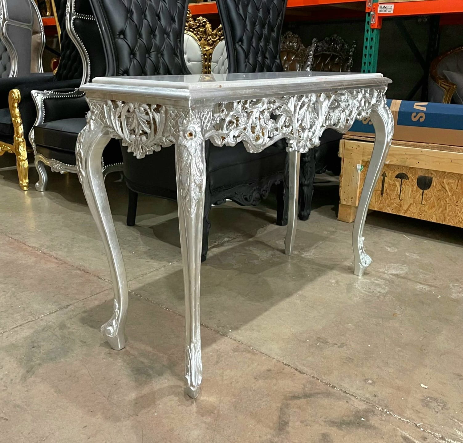 Luxury Baroque Console Table – Silver Leaf Finish with Carvings & Marble Top, 48"W x 18.5"D x 33.5"H