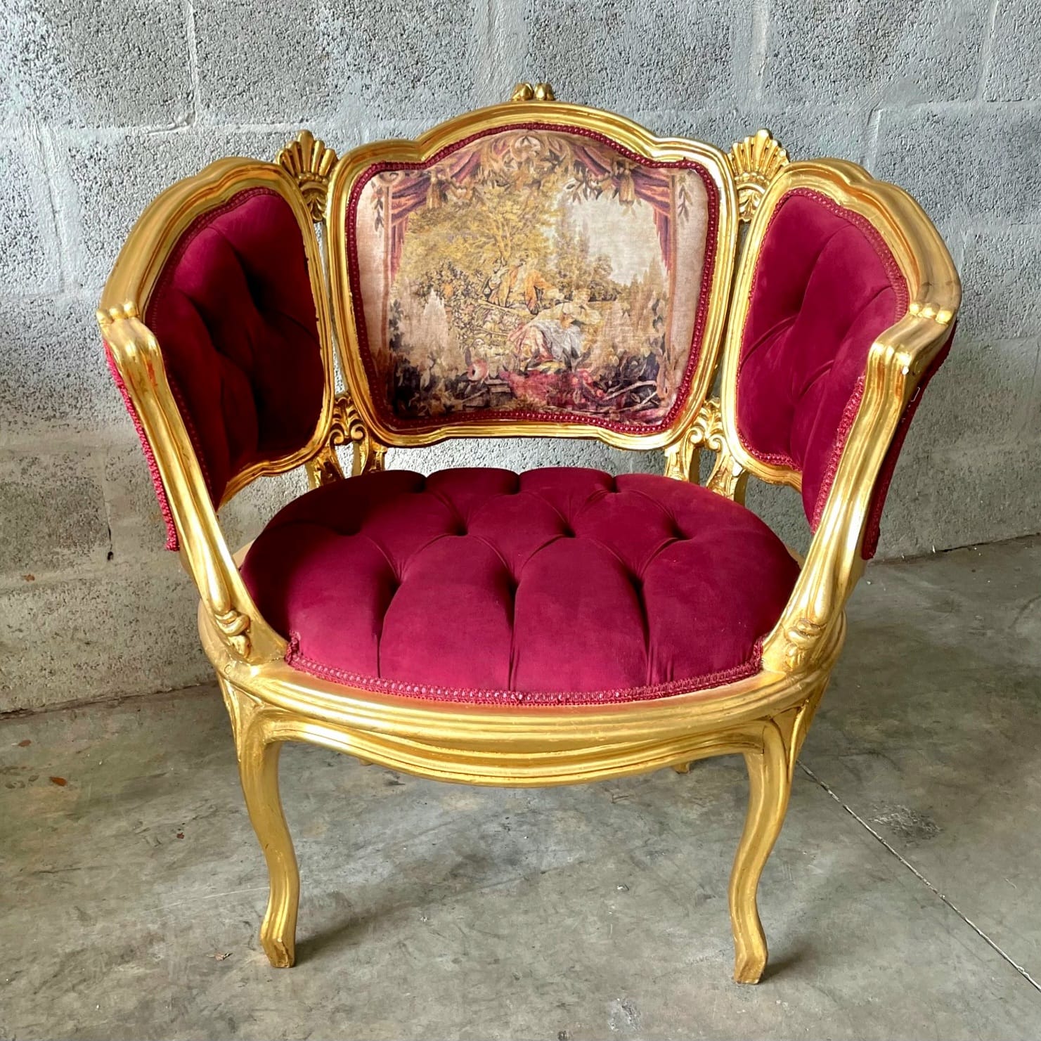 French Romantic Style Berry Red Bergere Wing Chair with Gold Leaf Details
