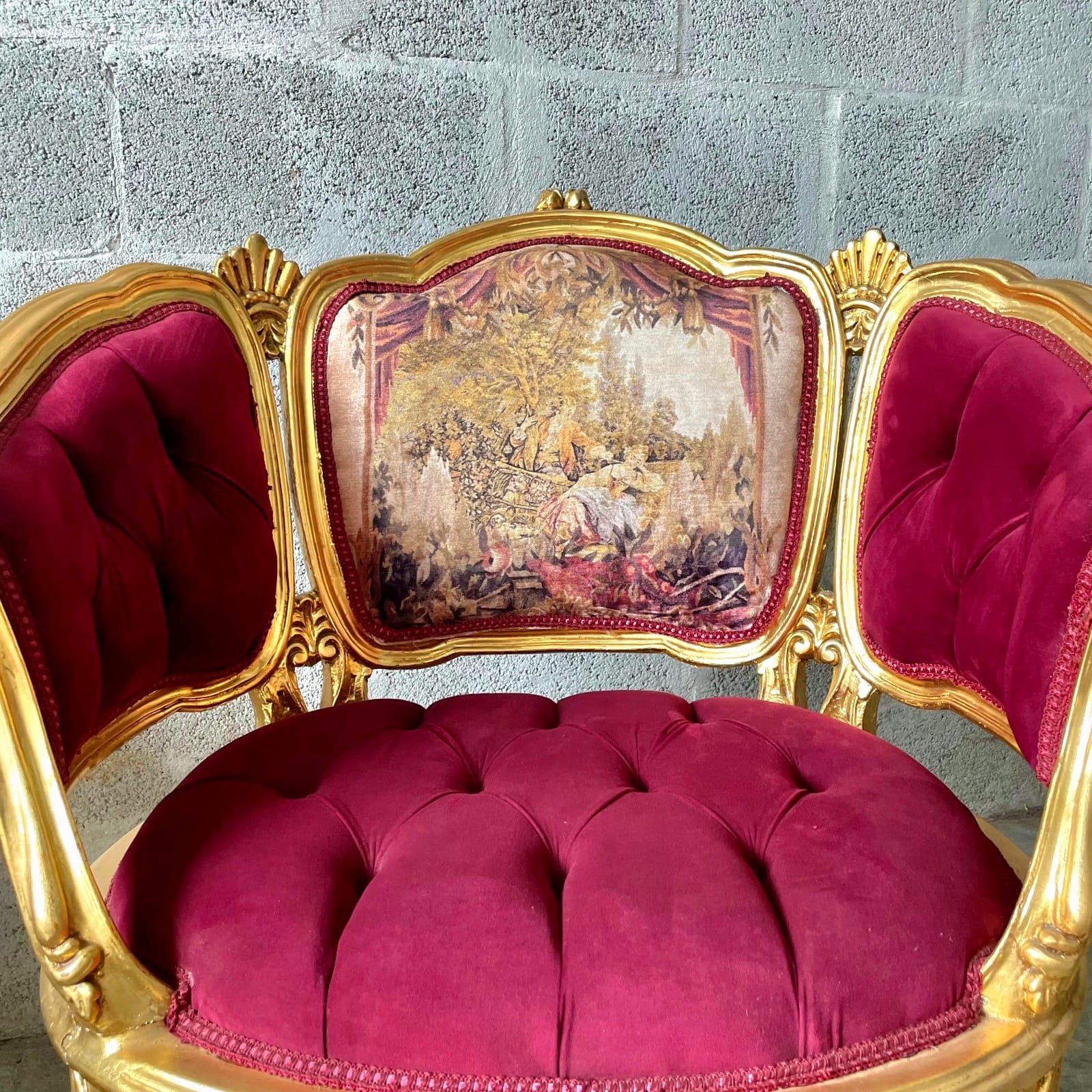 French Romantic Style Berry Red Bergere Wing Chair with Gold Leaf Details