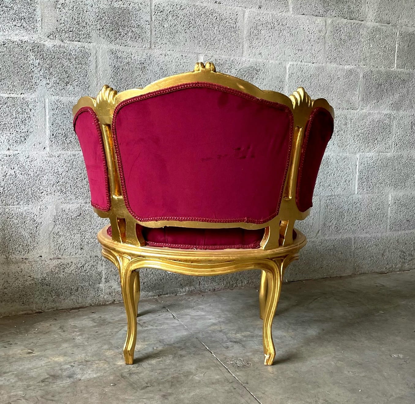 French Romantic Style Berry Red Bergere Wing Chair with Gold Leaf Details