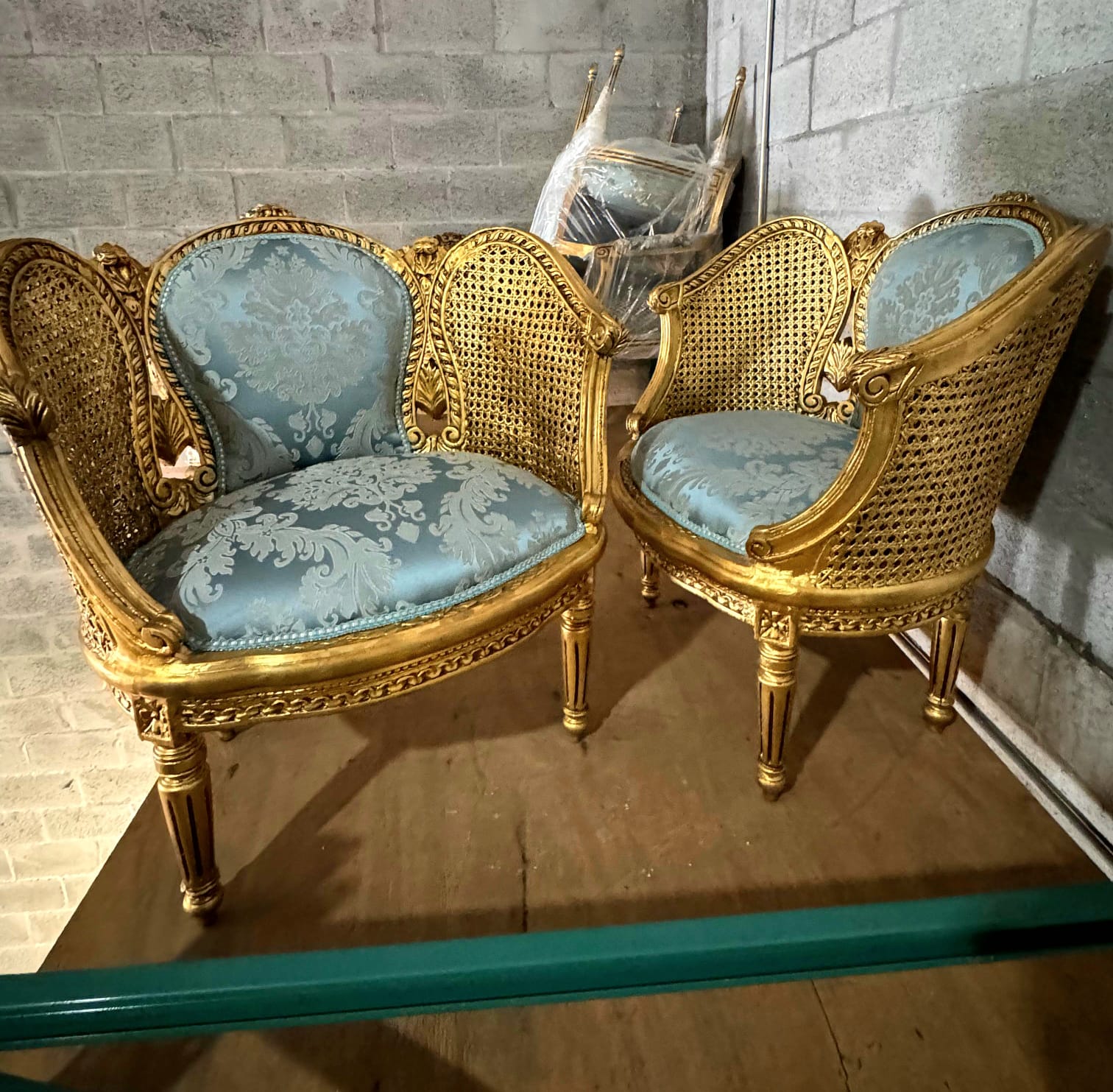 French Louis XV Style Bergere Wing Chair with Gold Leaf Details