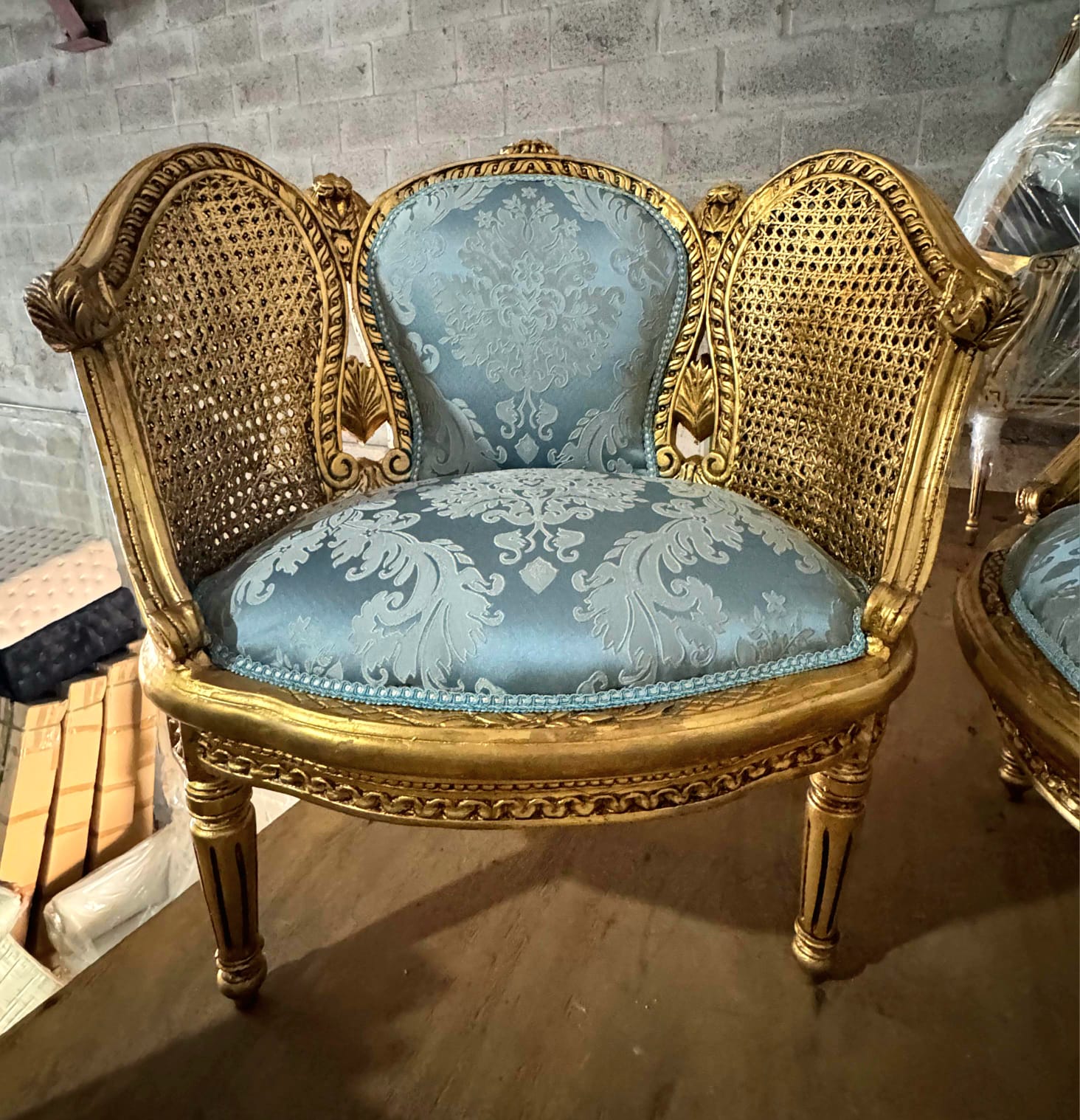 French Louis XV Style Bergere Wing Chair with Gold Leaf Details