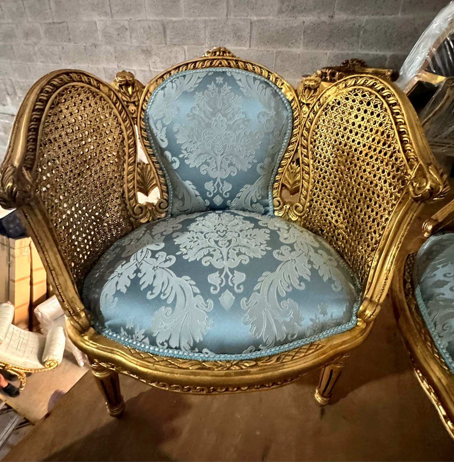 French Louis XV Style Bergere Wing Chair with Gold Leaf Details