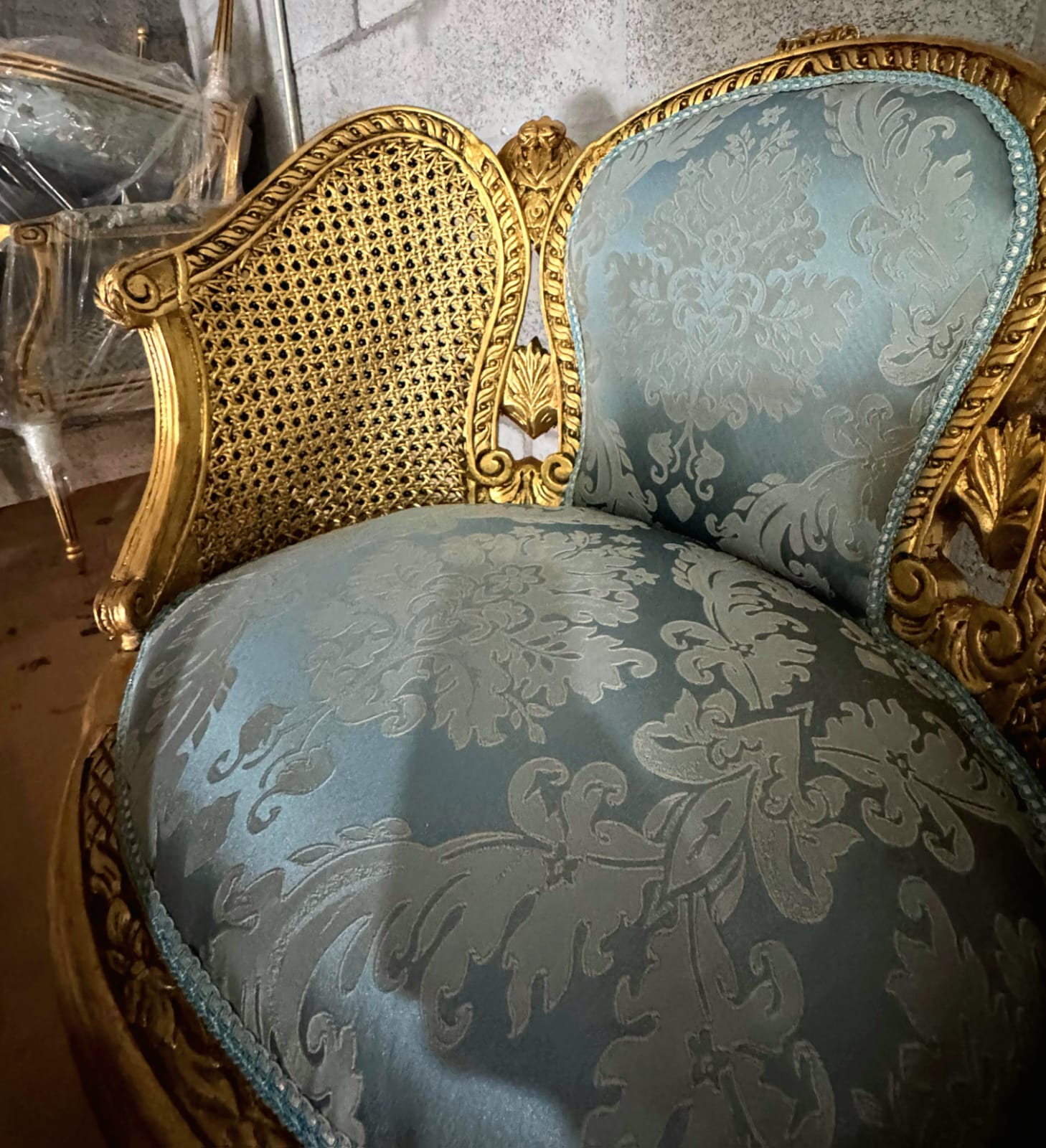 French Louis XV Style Bergere Wing Chair with Gold Leaf Details