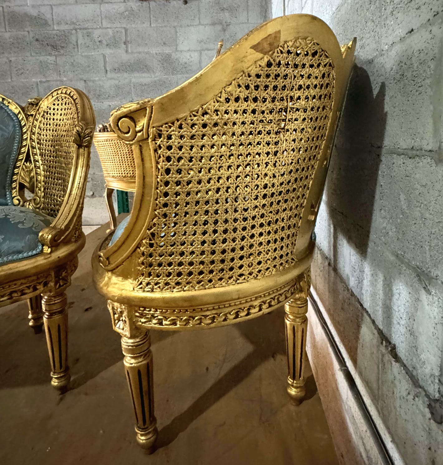 French Louis XV Style Bergere Wing Chair with Gold Leaf Details