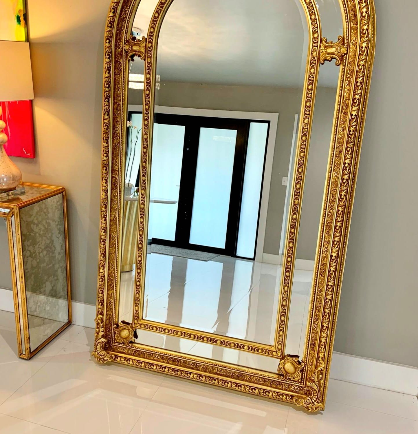 French Style Gold Floor/Wall Mirror – Tall Statement Mirror with Gold Leaf Finish