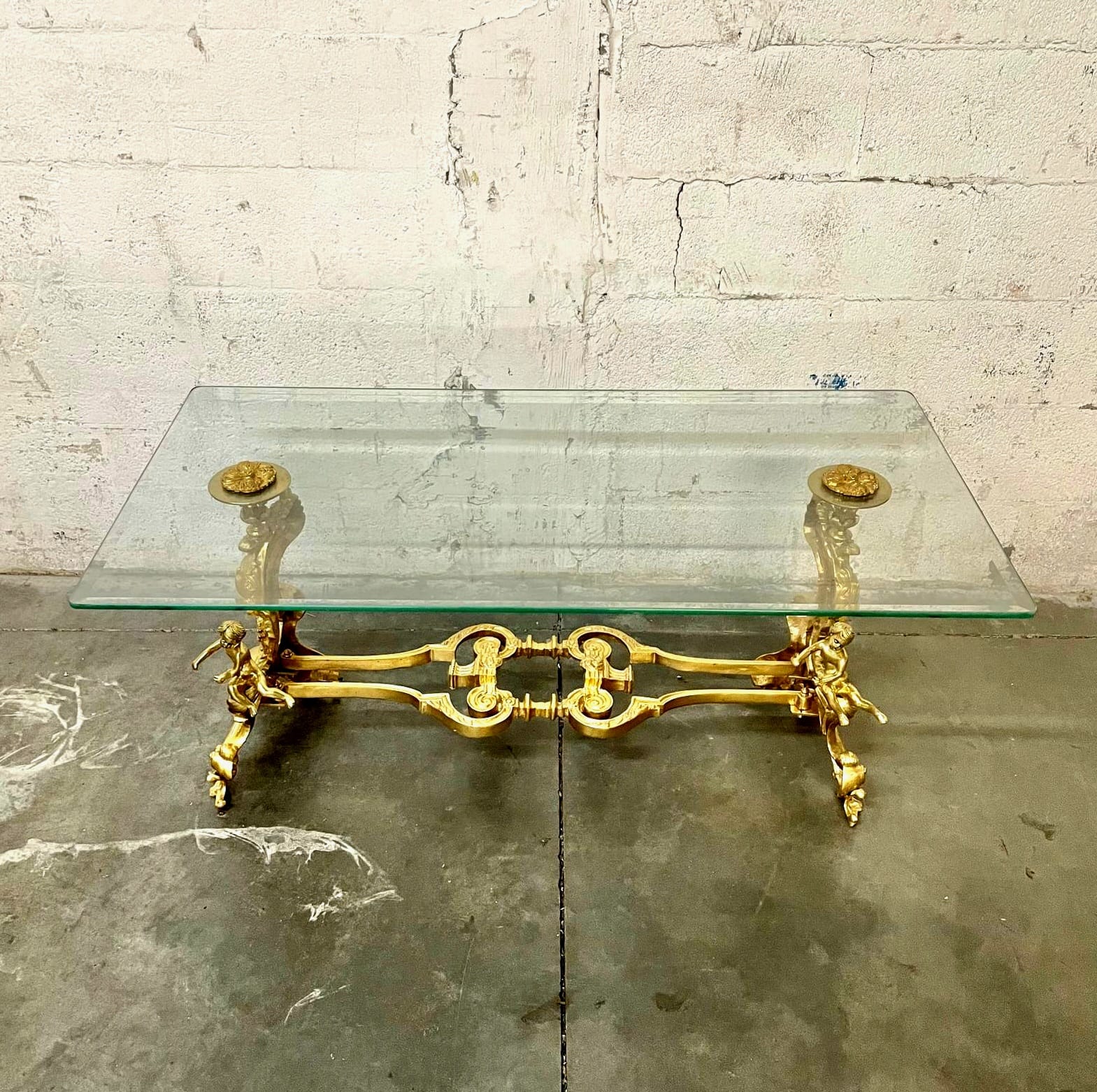 French Louis XVI Style Coffee Table – Glass Top, Gold Leaf Angel Carvings, Luxury Center Table