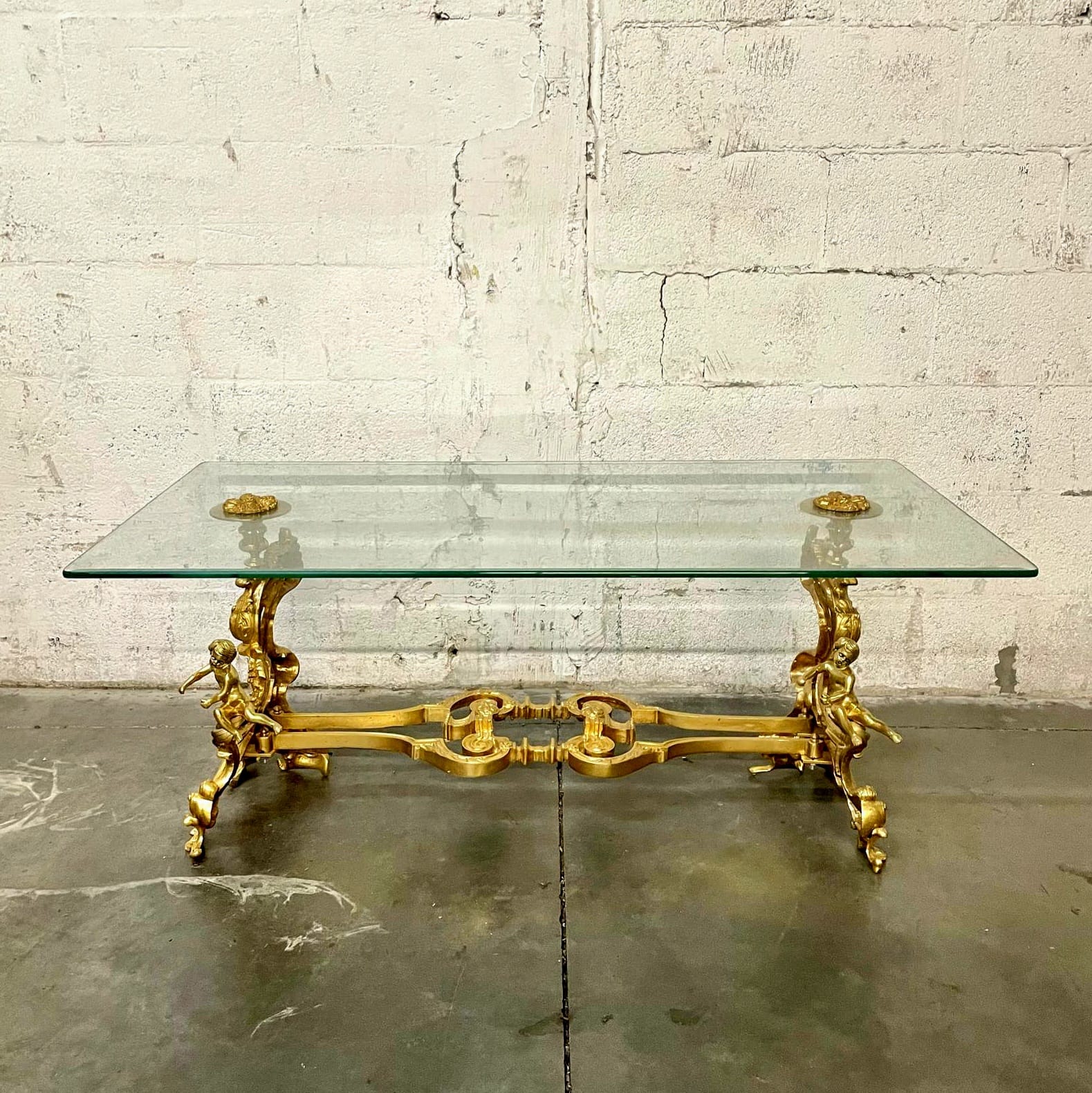 French Louis XVI Style Coffee Table – Glass Top, Gold Leaf Angel Carvings, Luxury Center Table