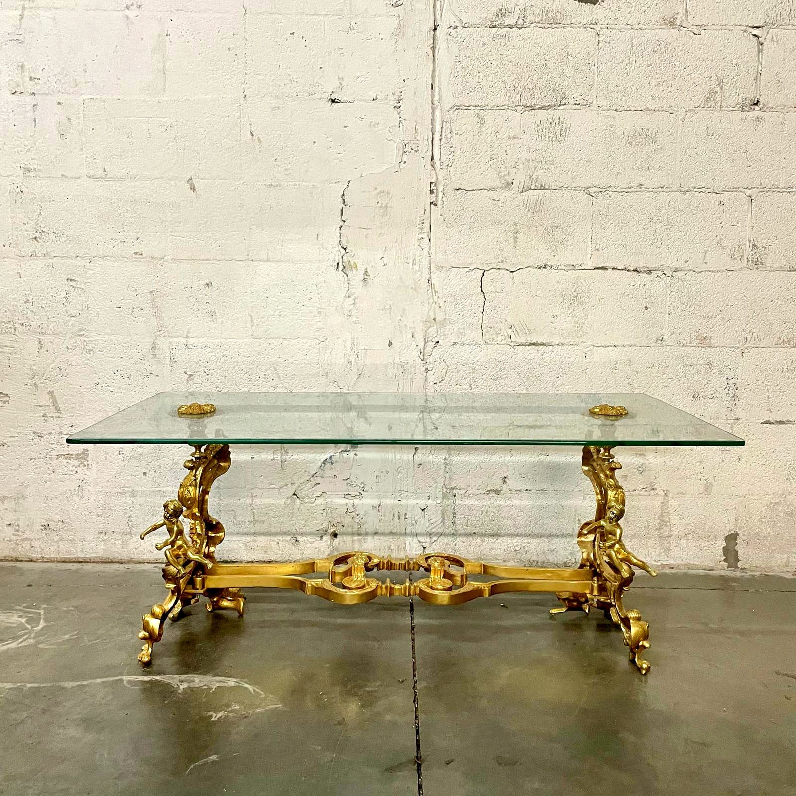 French Louis XVI Style Coffee Table – Glass Top, Gold Leaf Angel Carvings, Luxury Center Table