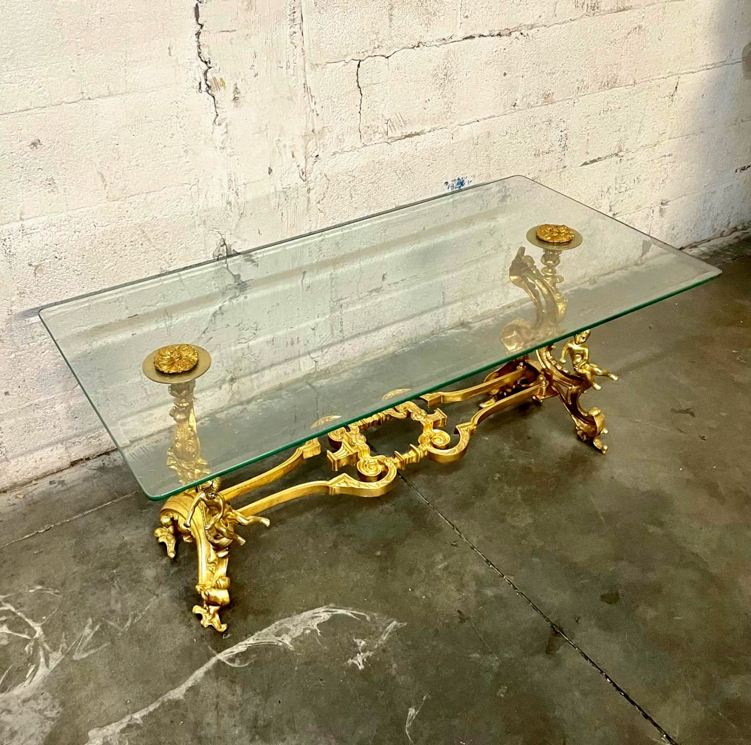 French Louis XVI Style Coffee Table – Glass Top, Gold Leaf Angel Carvings, Luxury Center Table