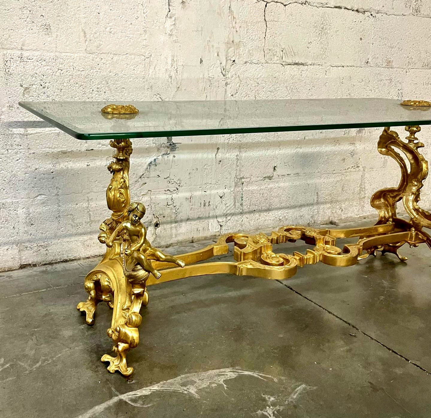 French Louis XVI Style Coffee Table – Glass Top, Gold Leaf Angel Carvings, Luxury Center Table