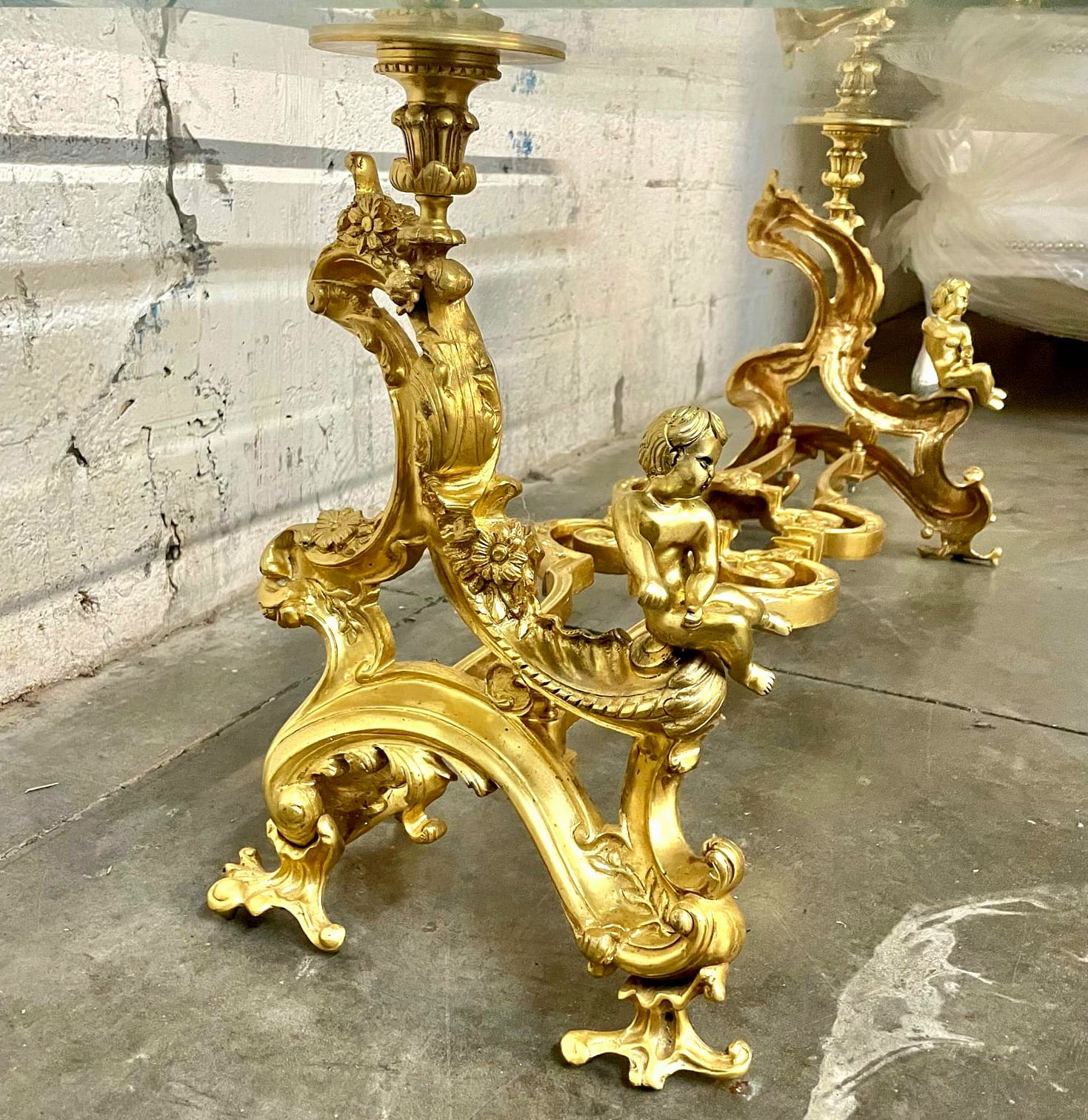French Louis XVI Style Coffee Table – Glass Top, Gold Leaf Angel Carvings, Luxury Center Table