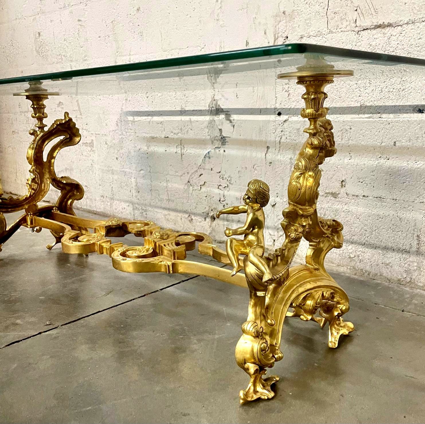 French Louis XVI Style Coffee Table – Glass Top, Gold Leaf Angel Carvings, Luxury Center Table
