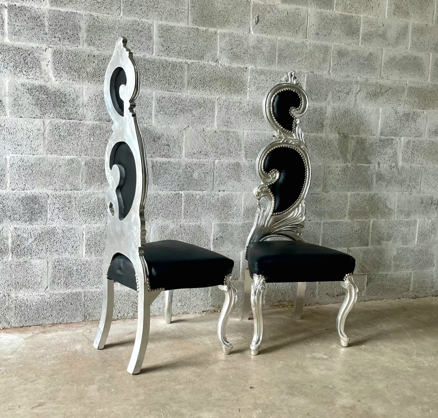 French Style Art Chair – Black Leather Upholstery with Silver Leaf Detailing