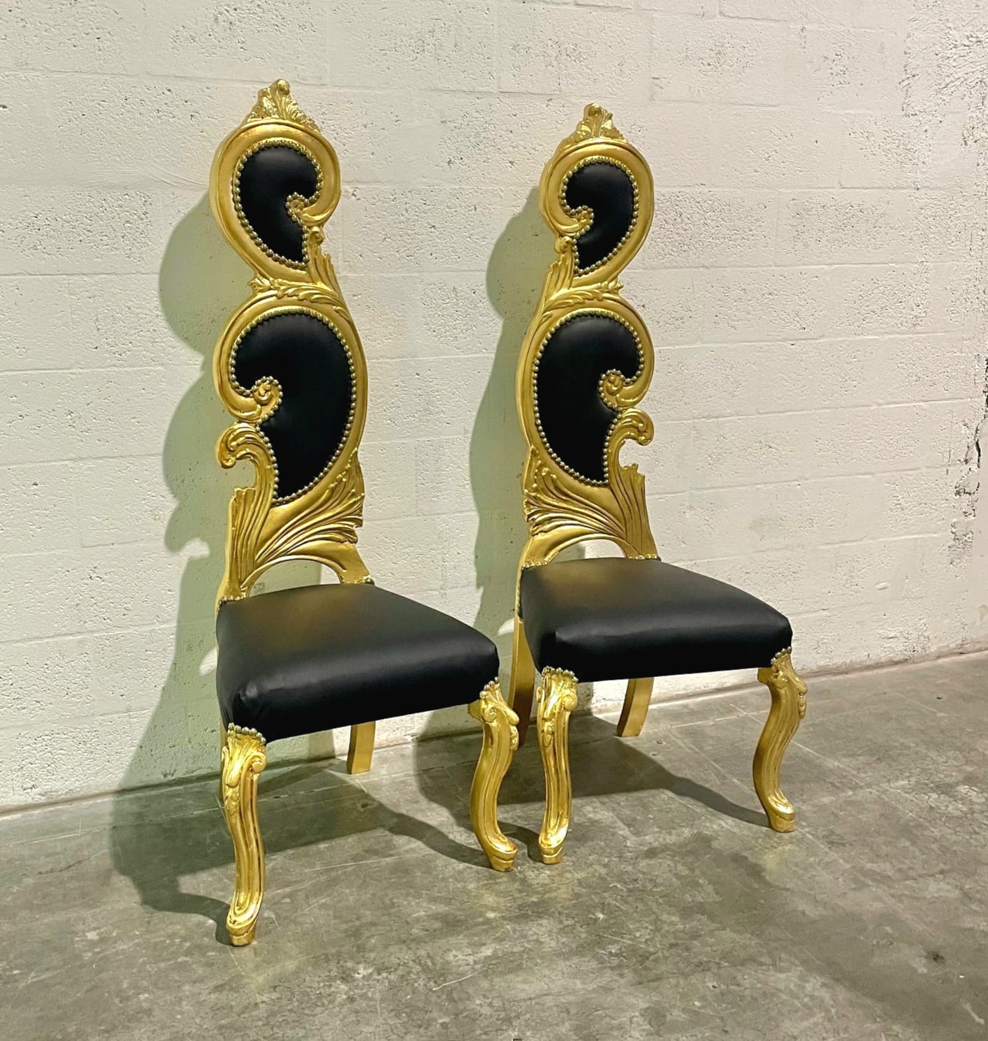 French Style Art Chair – Black Leather Upholstery with Gold Leaf Detailing