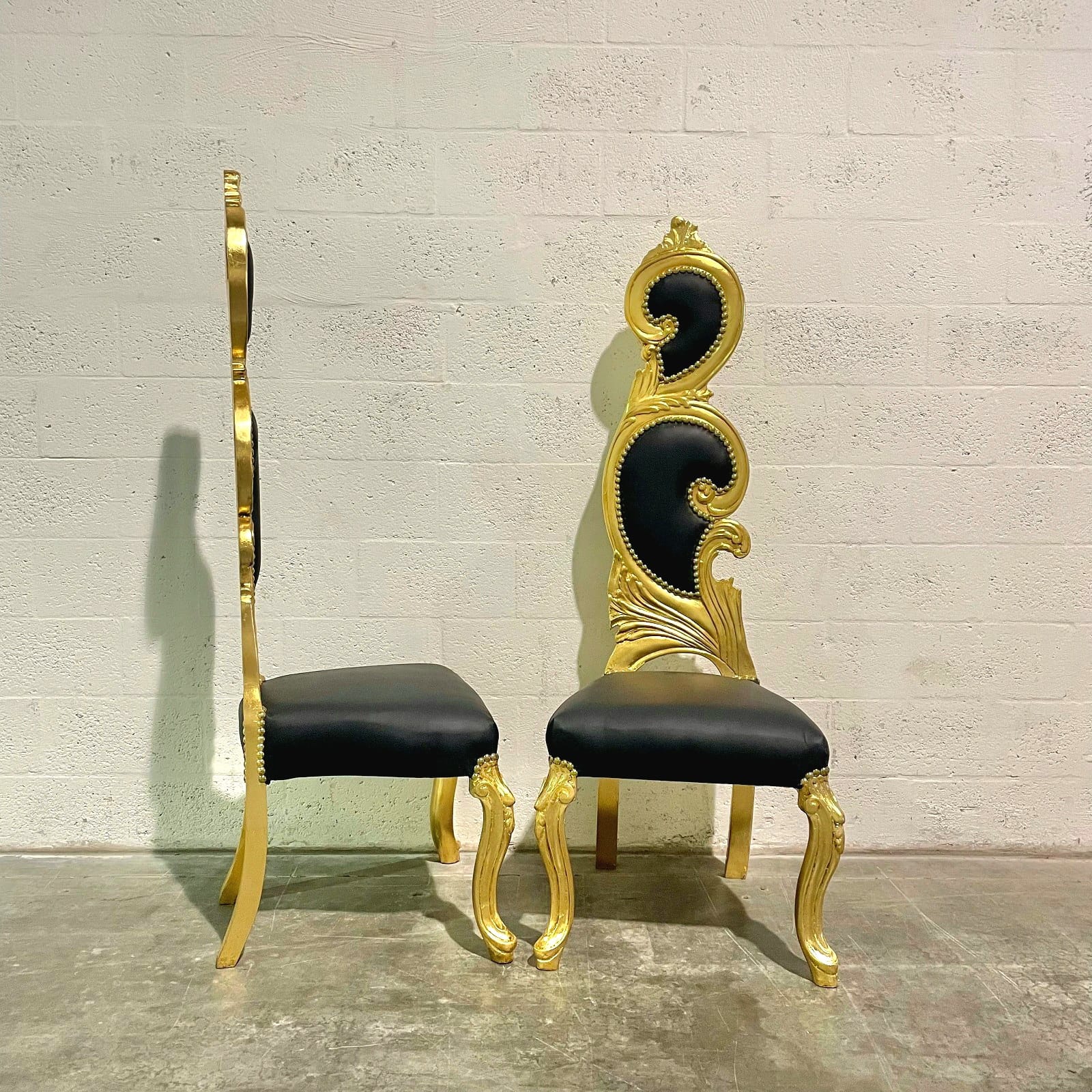French Style Art Chair – Black Leather Upholstery with Gold Leaf Detailing