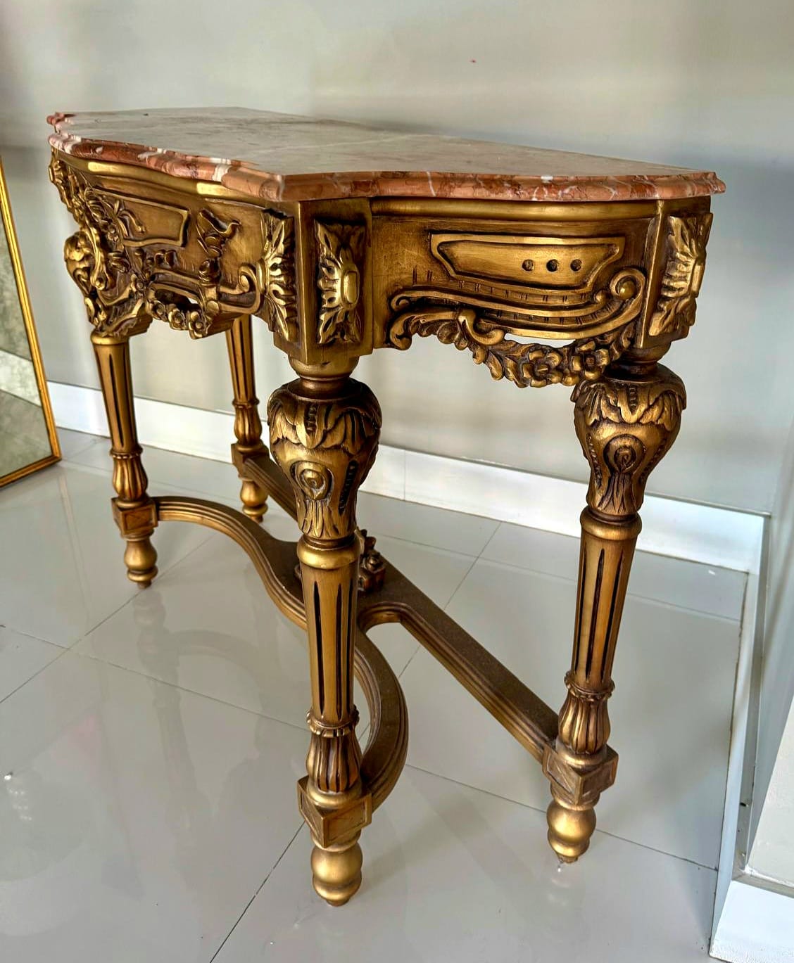 French Style Console Table – Multicolor Marble Top, Gold Leaf Details, 36"H x 47"W x 18"D