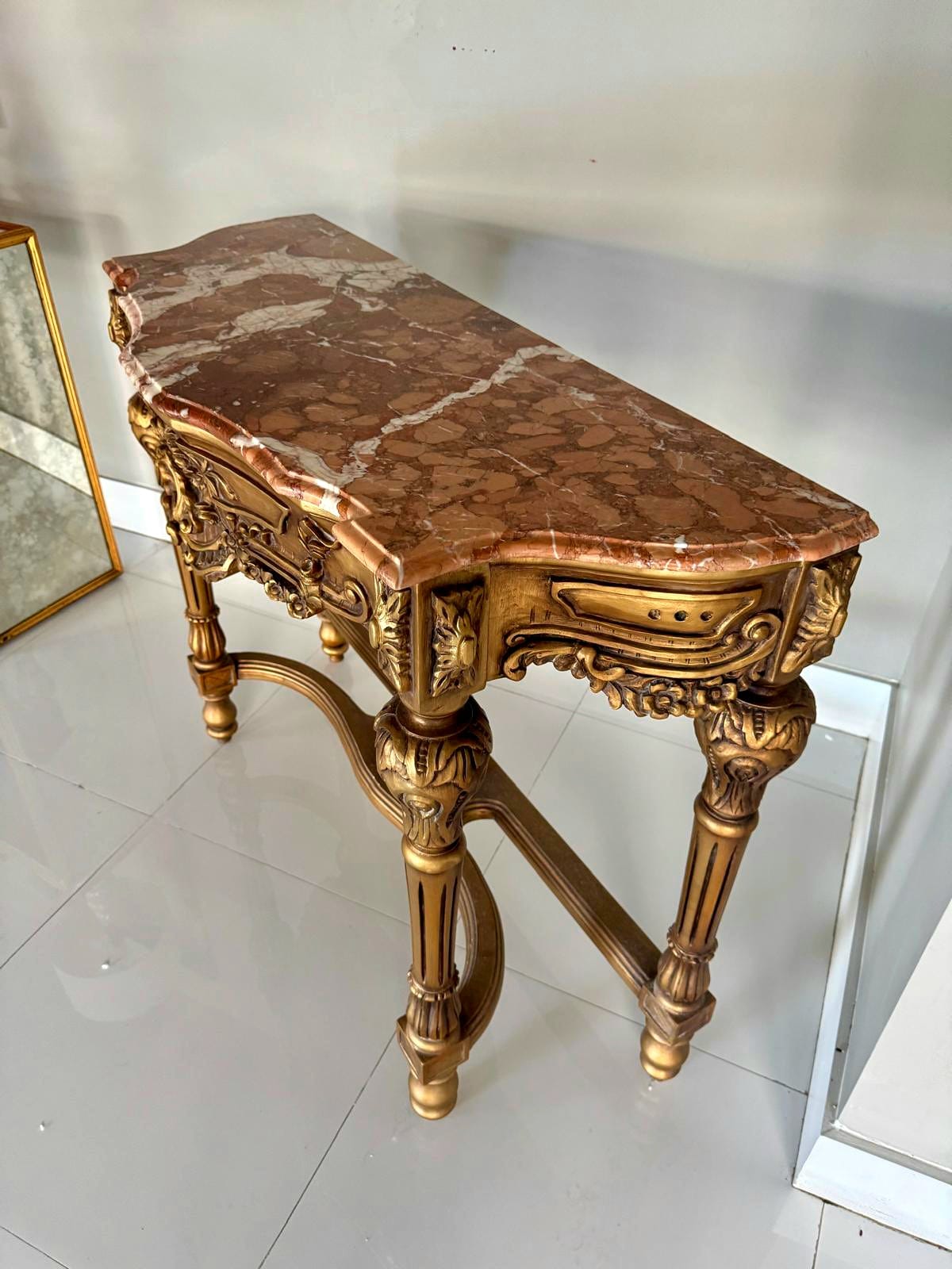 French Style Console Table – Multicolor Marble Top, Gold Leaf Details, 36"H x 47"W x 18"D