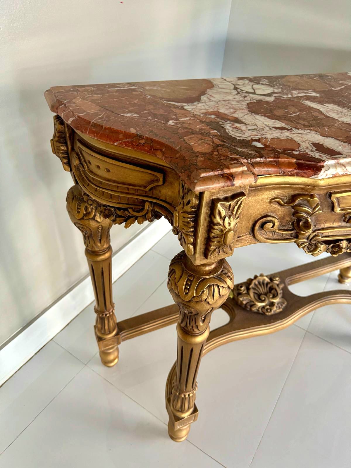 French Style Console Table – Multicolor Marble Top, Gold Leaf Details, 36"H x 47"W x 18"D