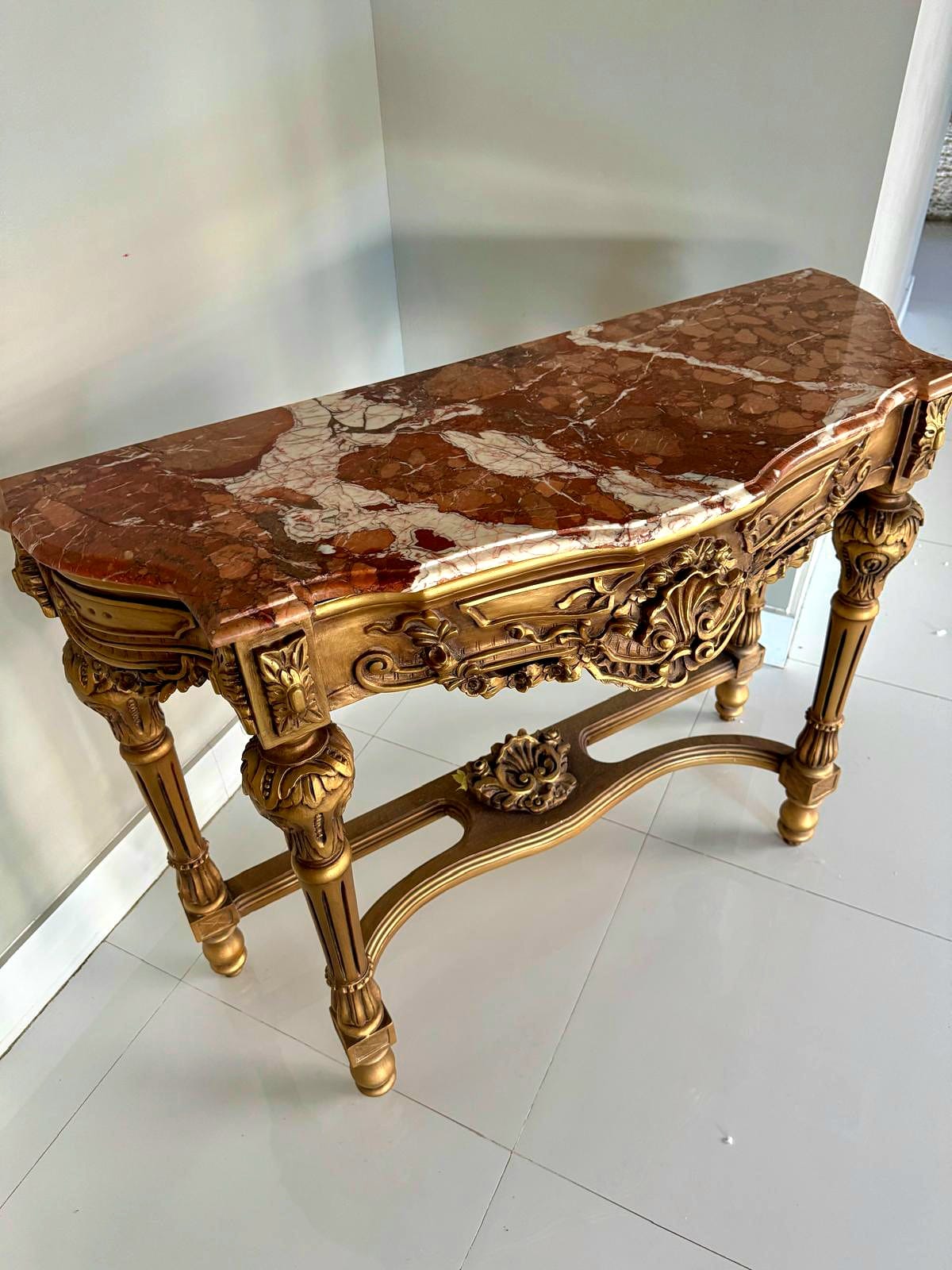 French Style Console Table – Multicolor Marble Top, Gold Leaf Details, 36"H x 47"W x 18"D