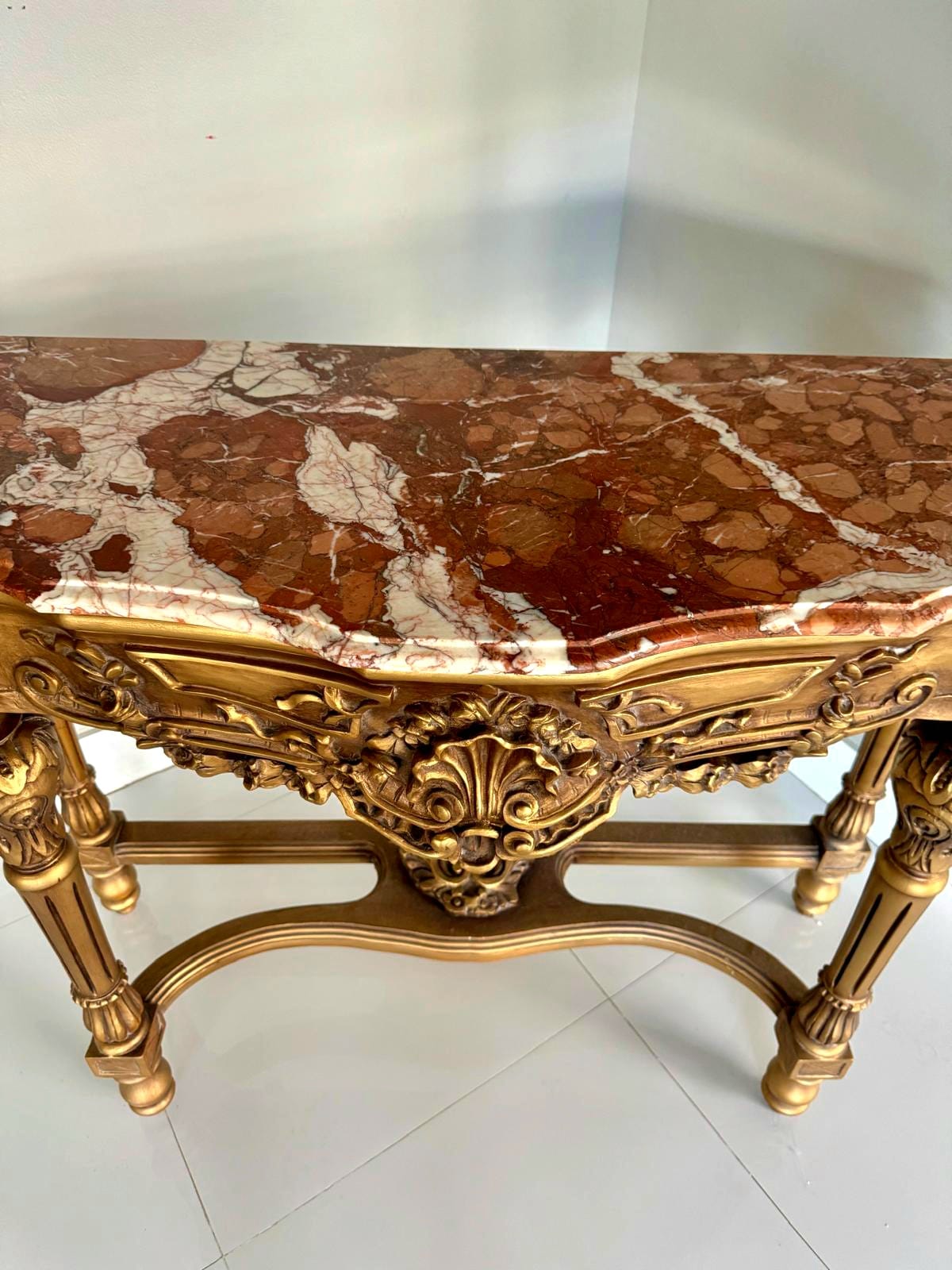 French Style Console Table – Multicolor Marble Top, Gold Leaf Details, 36"H x 47"W x 18"D