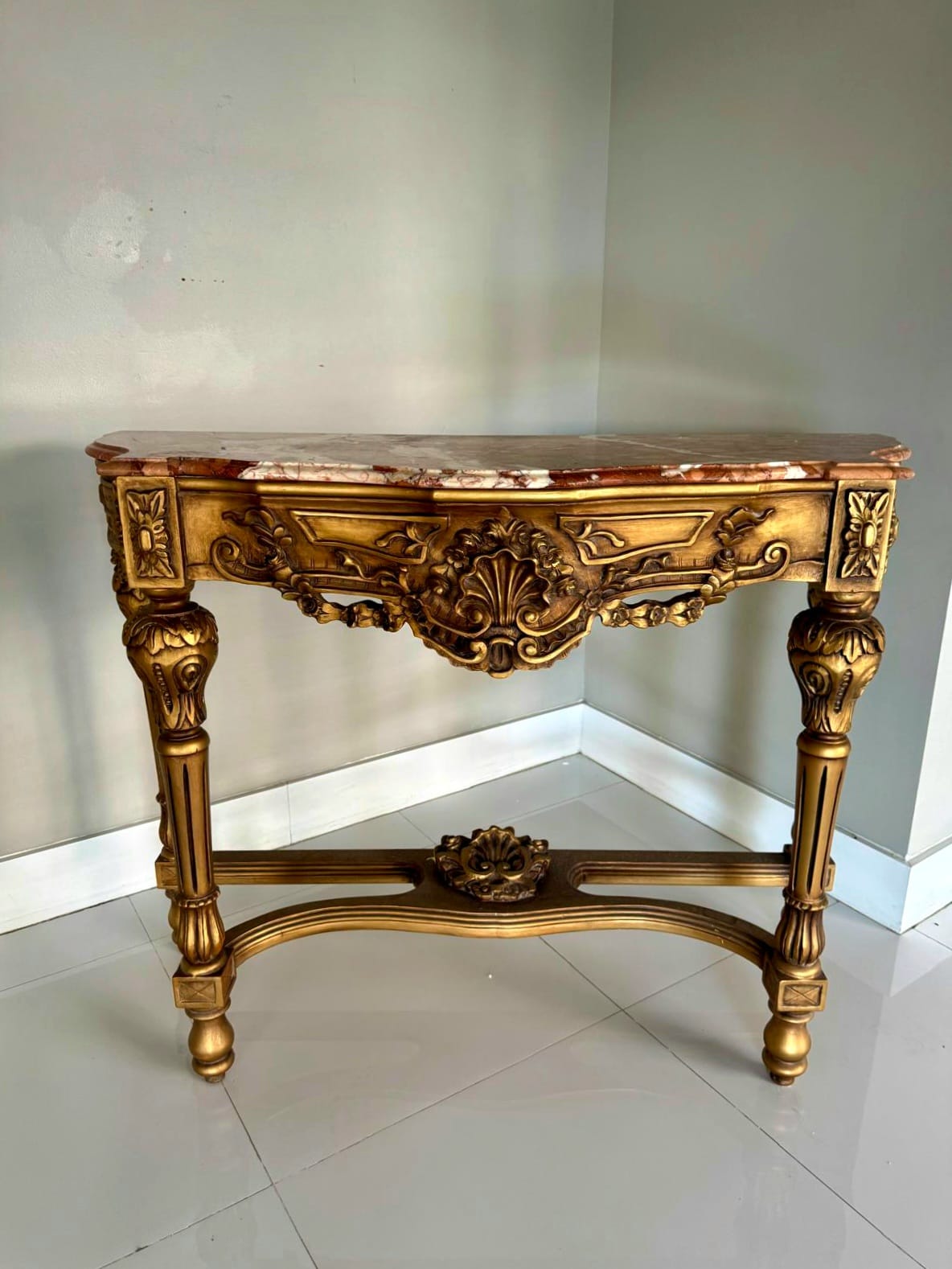 French Style Console Table – Multicolor Marble Top, Gold Leaf Details, 36"H x 47"W x 18"D