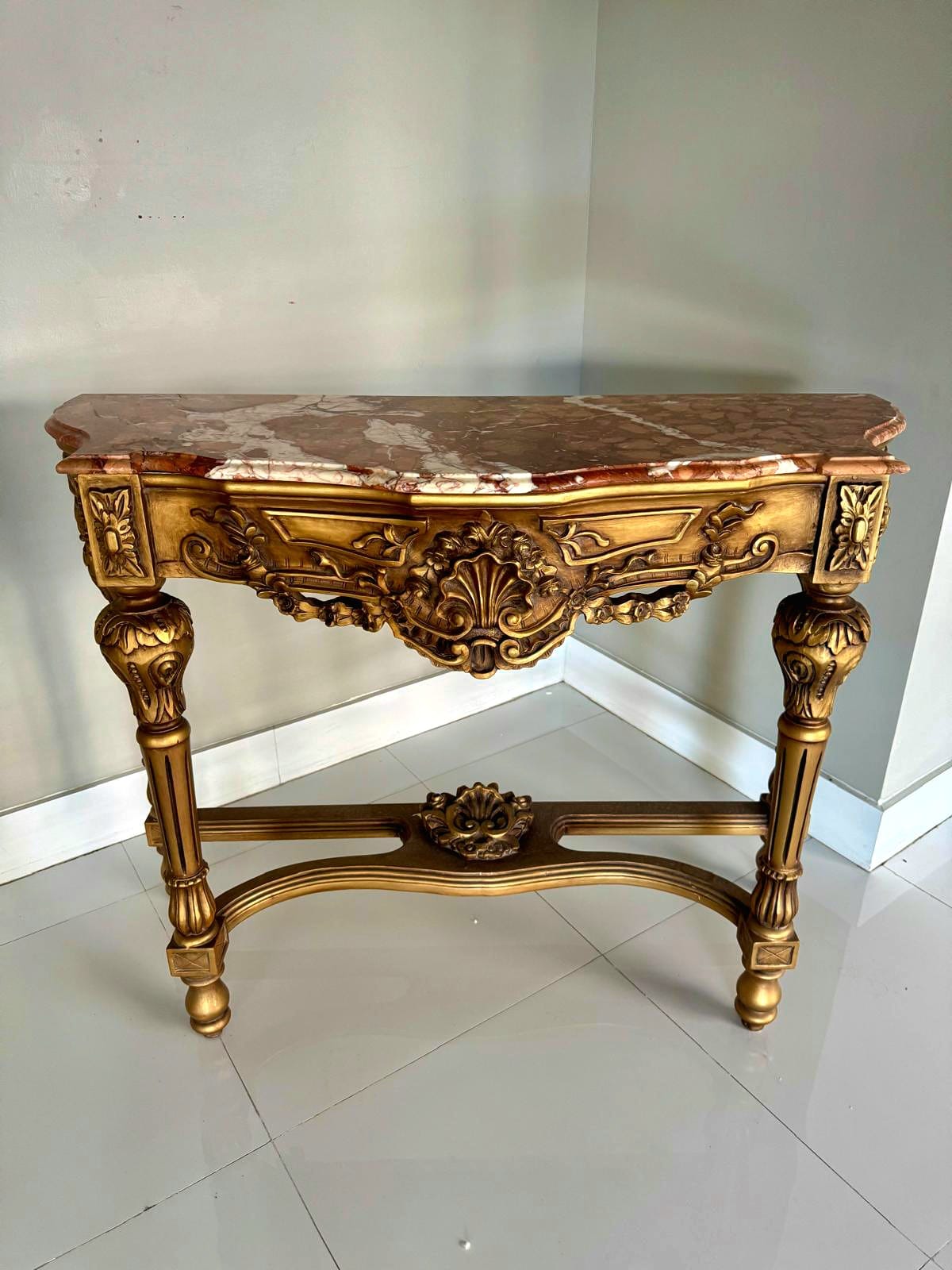 French Style Console Table – Multicolor Marble Top, Gold Leaf Details, 36"H x 47"W x 18"D