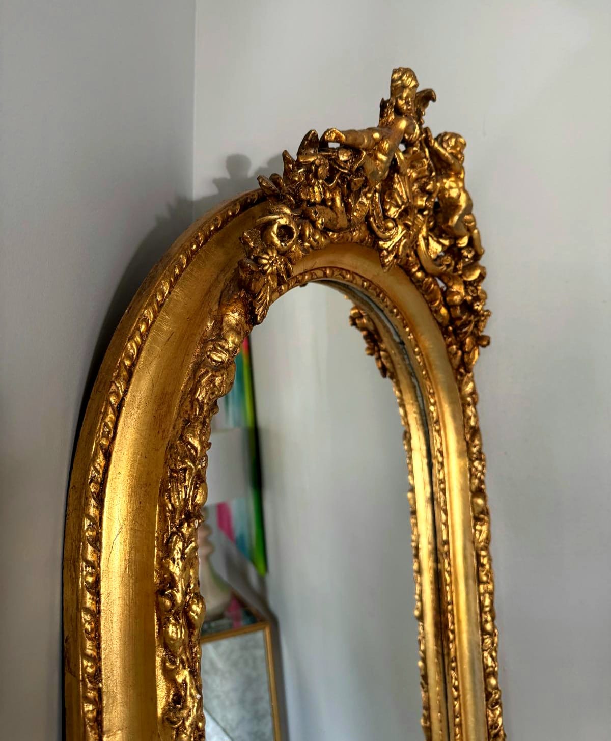 French Gold Leaf Full-Length Mirror – Timeless Statement Piece, Angel Details
