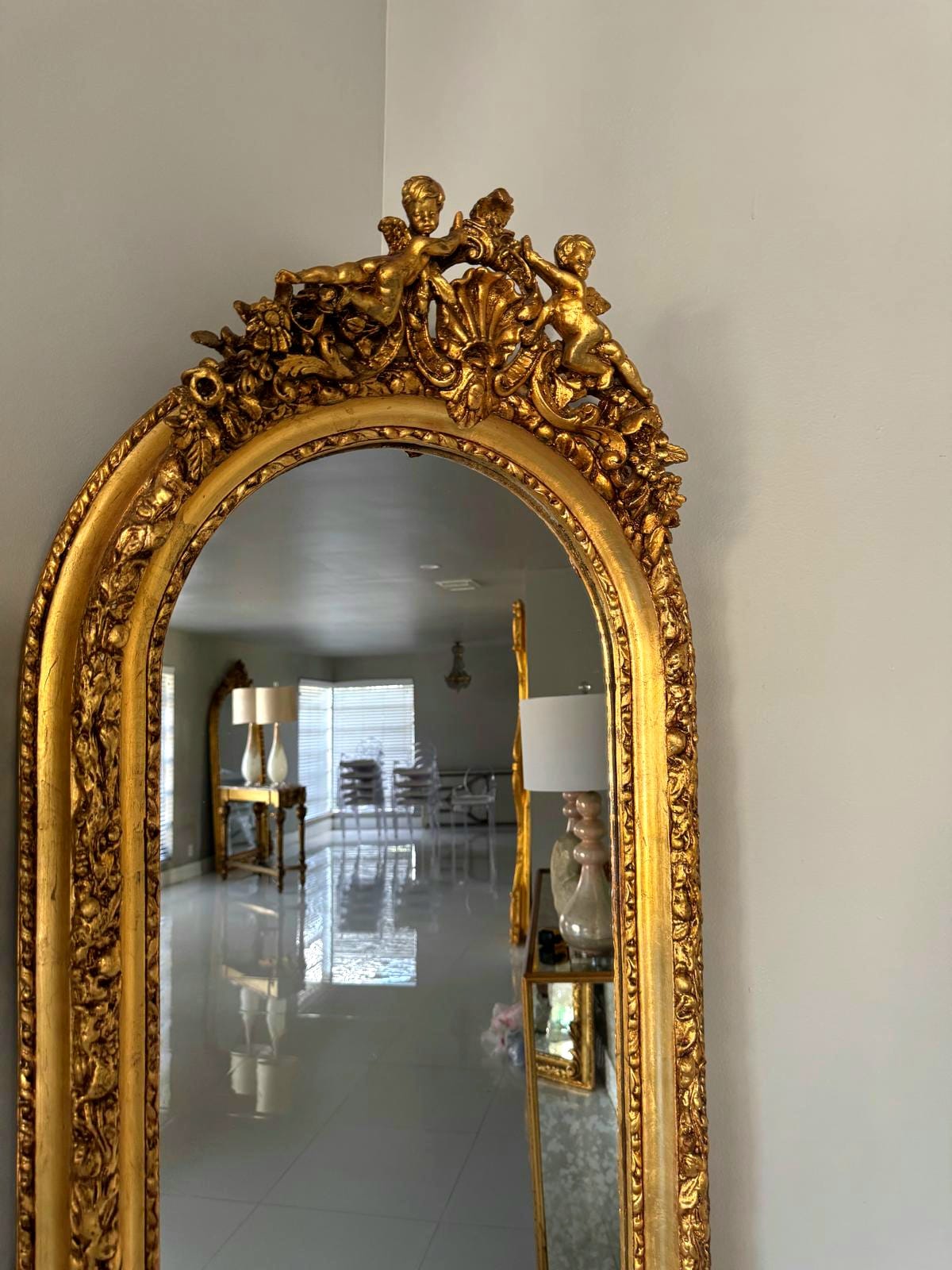 French Gold Leaf Full-Length Mirror – Timeless Statement Piece, Angel Details