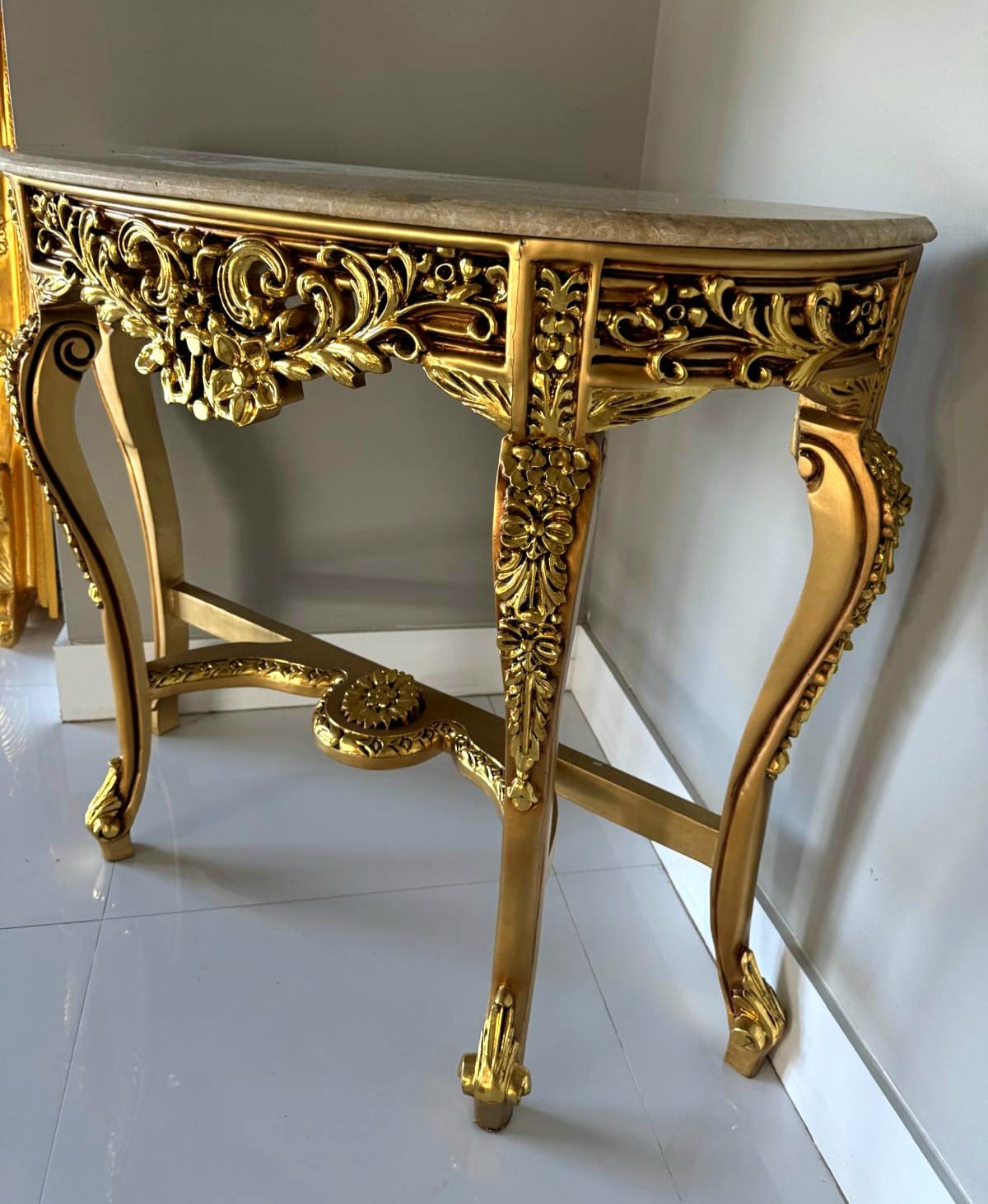 French Style Console Table – Beige Marble Top, Gold Leaf Details, 35.5"H x 41.5"W x 13"D