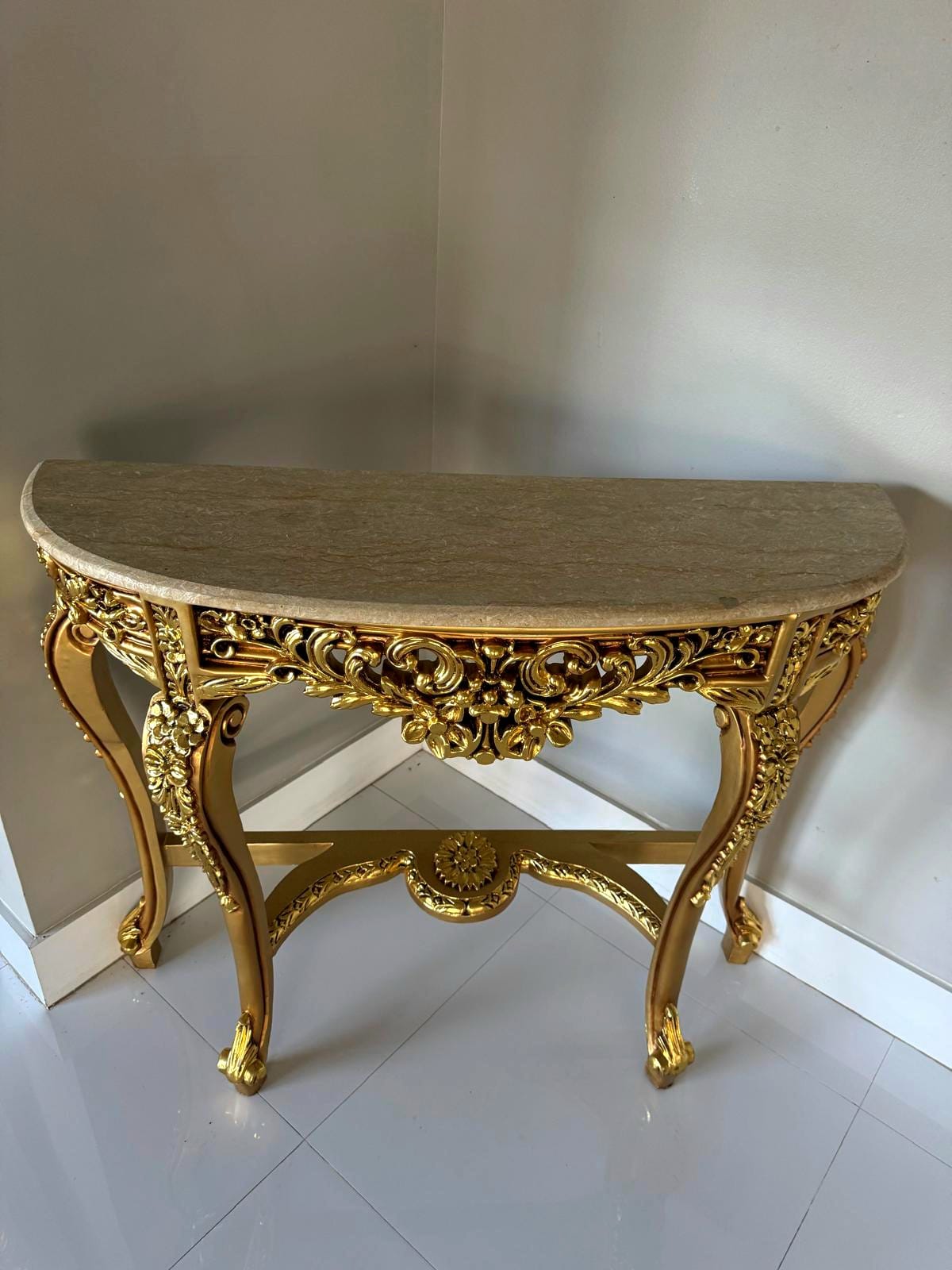 French Style Console Table – Beige Marble Top, Gold Leaf Details, 35.5"H x 41.5"W x 13"D