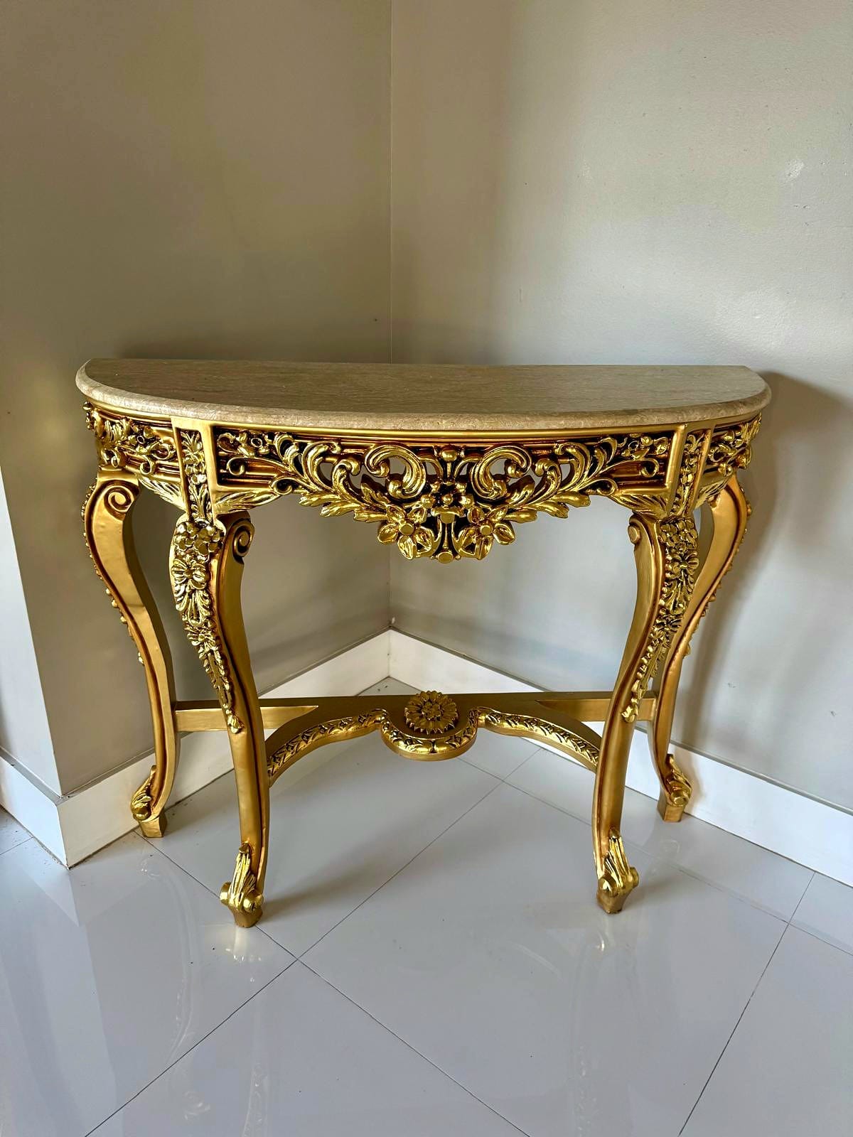 French Style Console Table – Beige Marble Top, Gold Leaf Details, 35.5"H x 41.5"W x 13"D