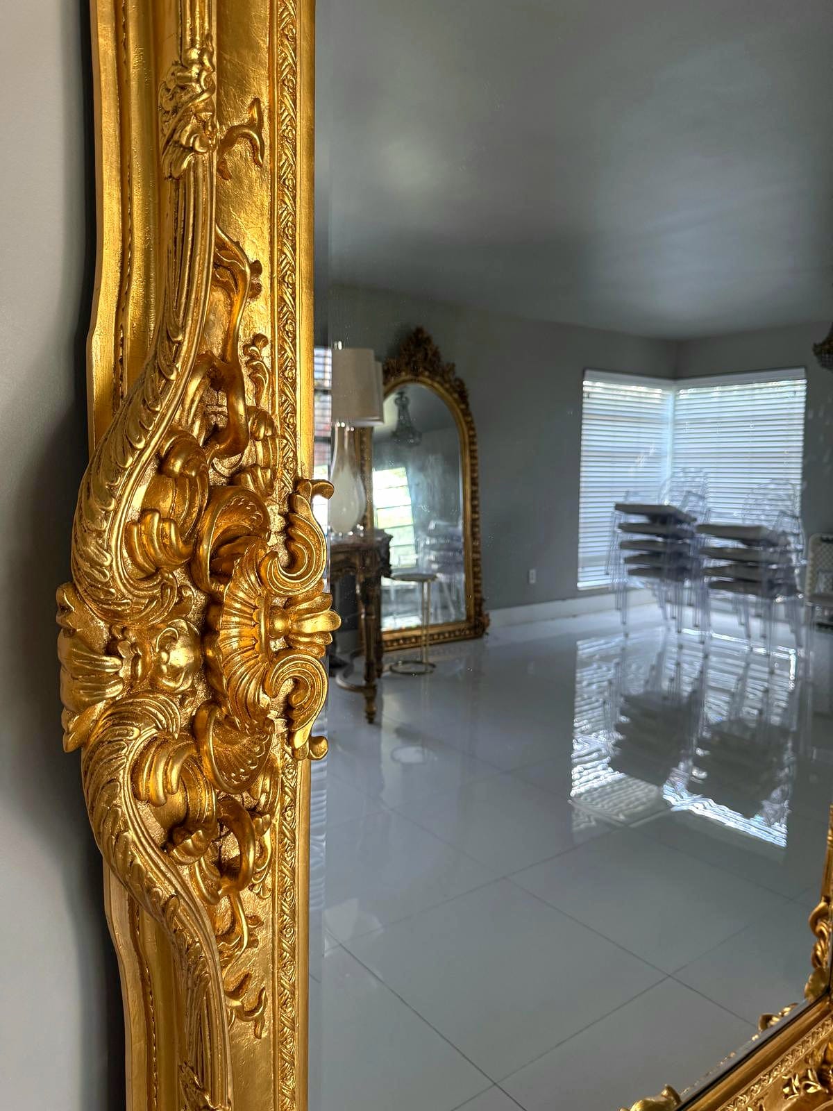 French Style Baroque Wall Mirror – 7.5 ft Tall Statement Mirror in Gold Leaf Finish