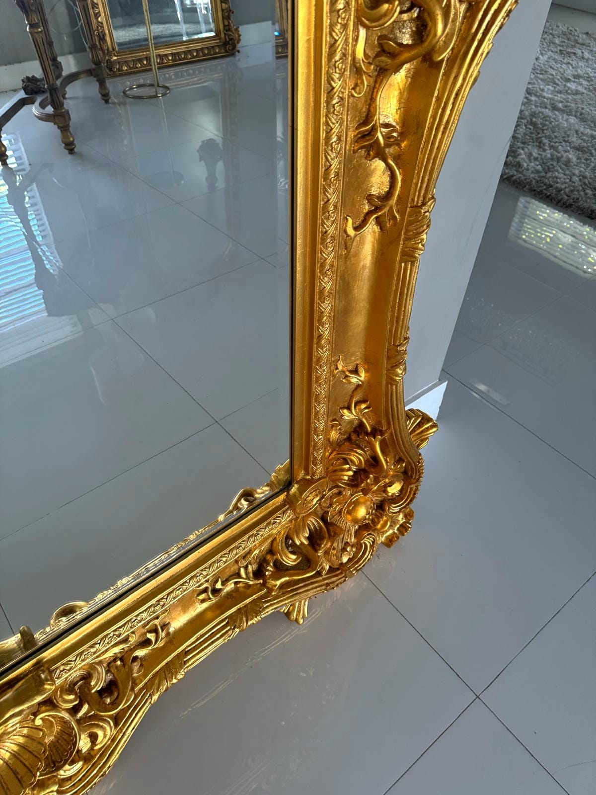 French Style Baroque Wall Mirror – 7.5 ft Tall Statement Mirror in Gold Leaf Finish