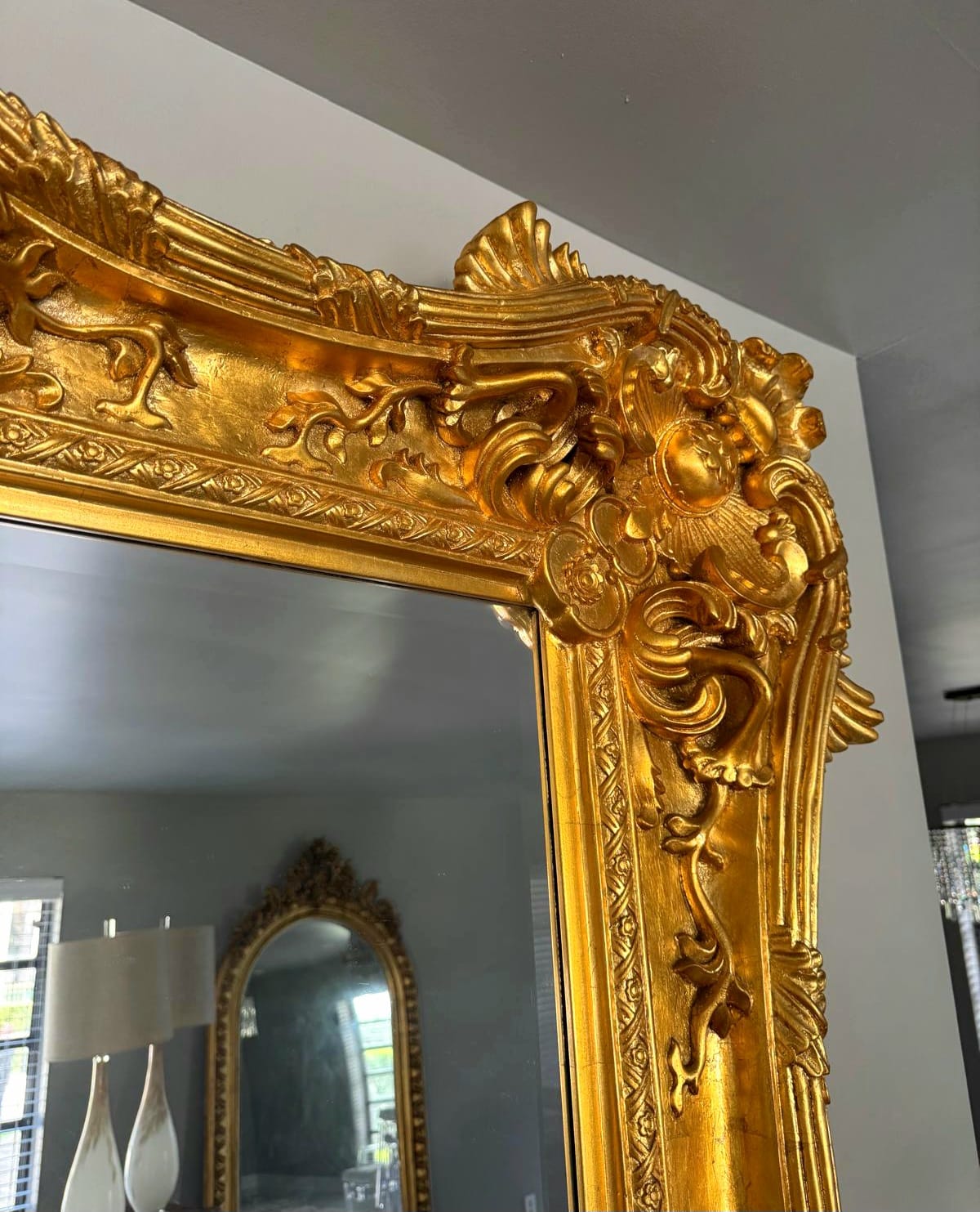 French Style Baroque Wall Mirror – 7.5 ft Tall Statement Mirror in Gold Leaf Finish