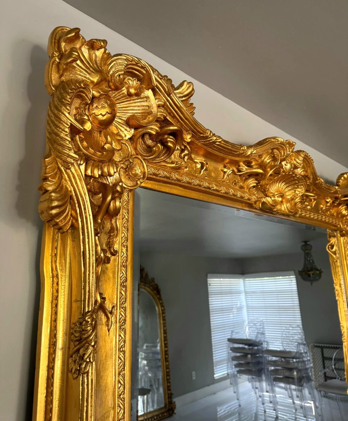 French Style Baroque Wall Mirror – 7.5 ft Tall Statement Mirror in Gold Leaf Finish