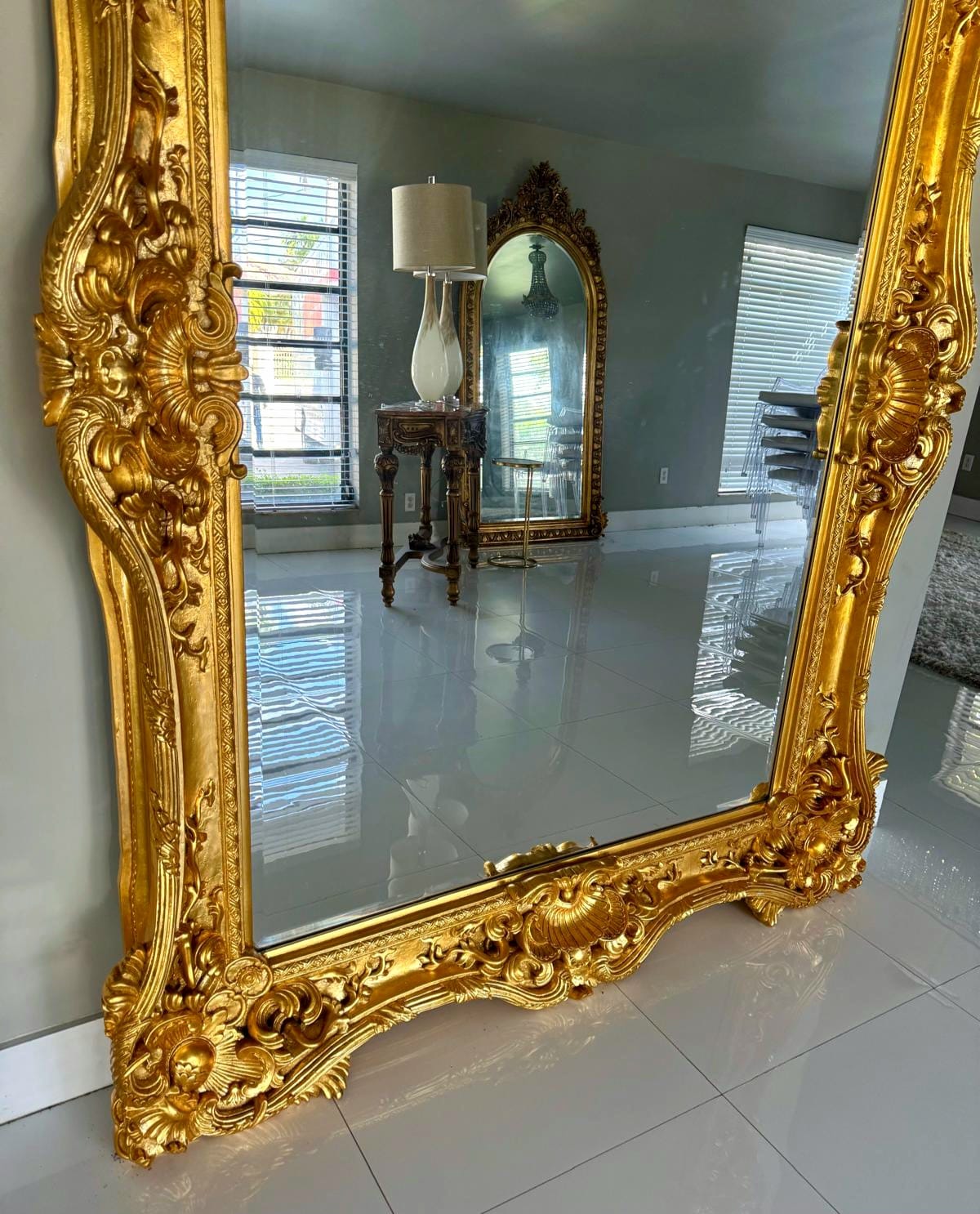 French Style Baroque Wall Mirror – 7.5 ft Tall Statement Mirror in Gold Leaf Finish