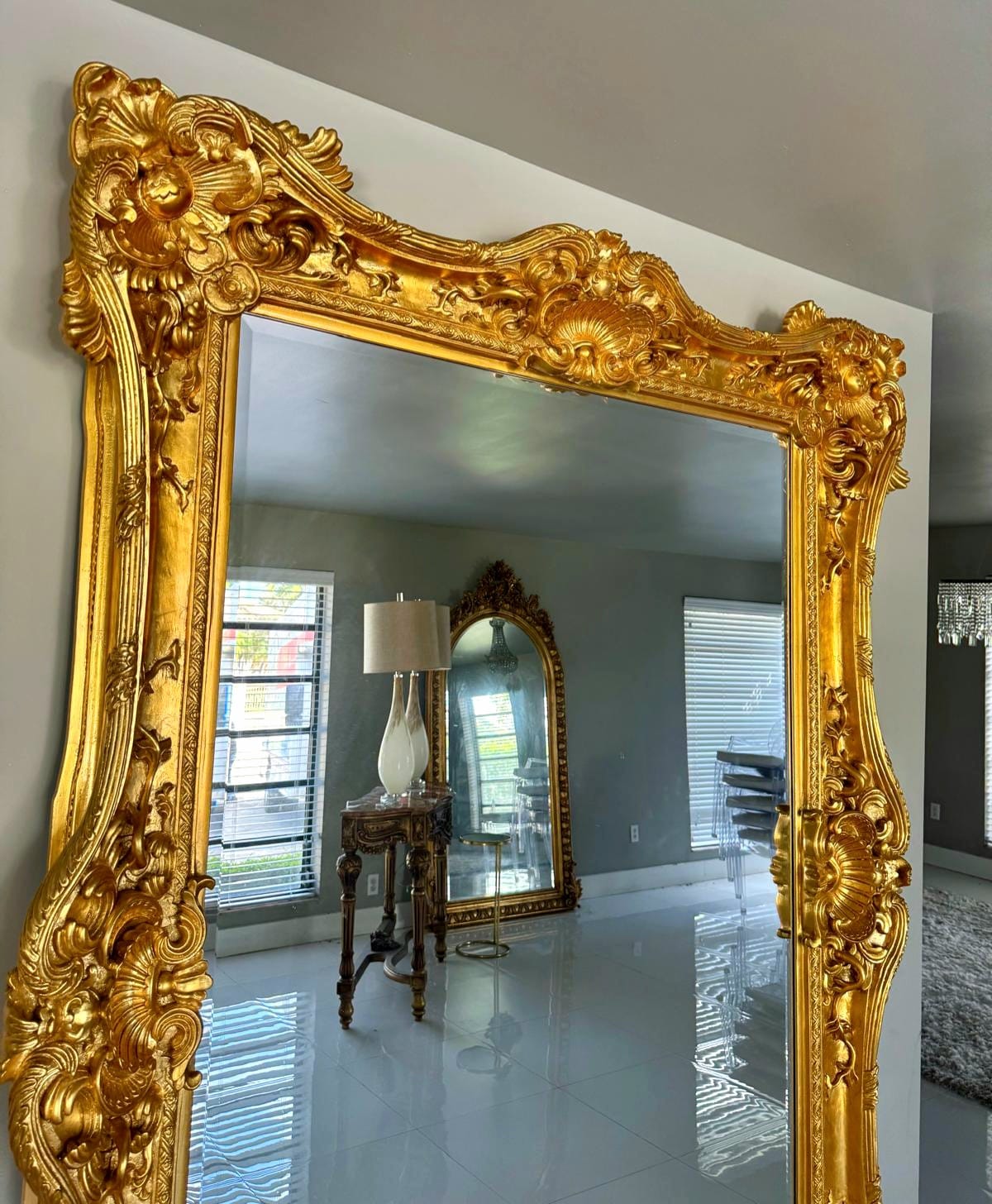 French Style Baroque Wall Mirror – 7.5 ft Tall Statement Mirror in Gold Leaf Finish