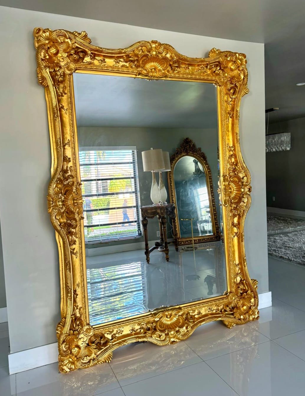 French Style Baroque Wall Mirror – 7.5 ft Tall Statement Mirror in Gold Leaf Finish