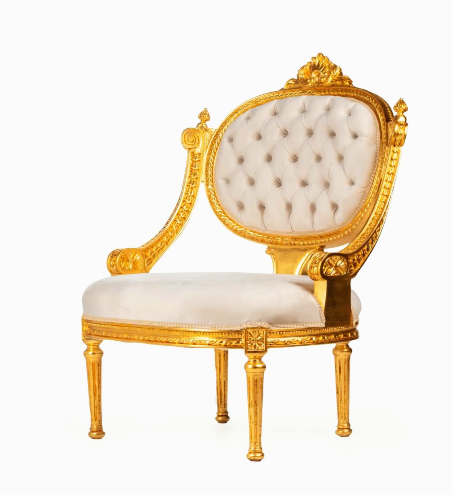 French Style White Velvet Chair with Gold Leaf Details - Armchair