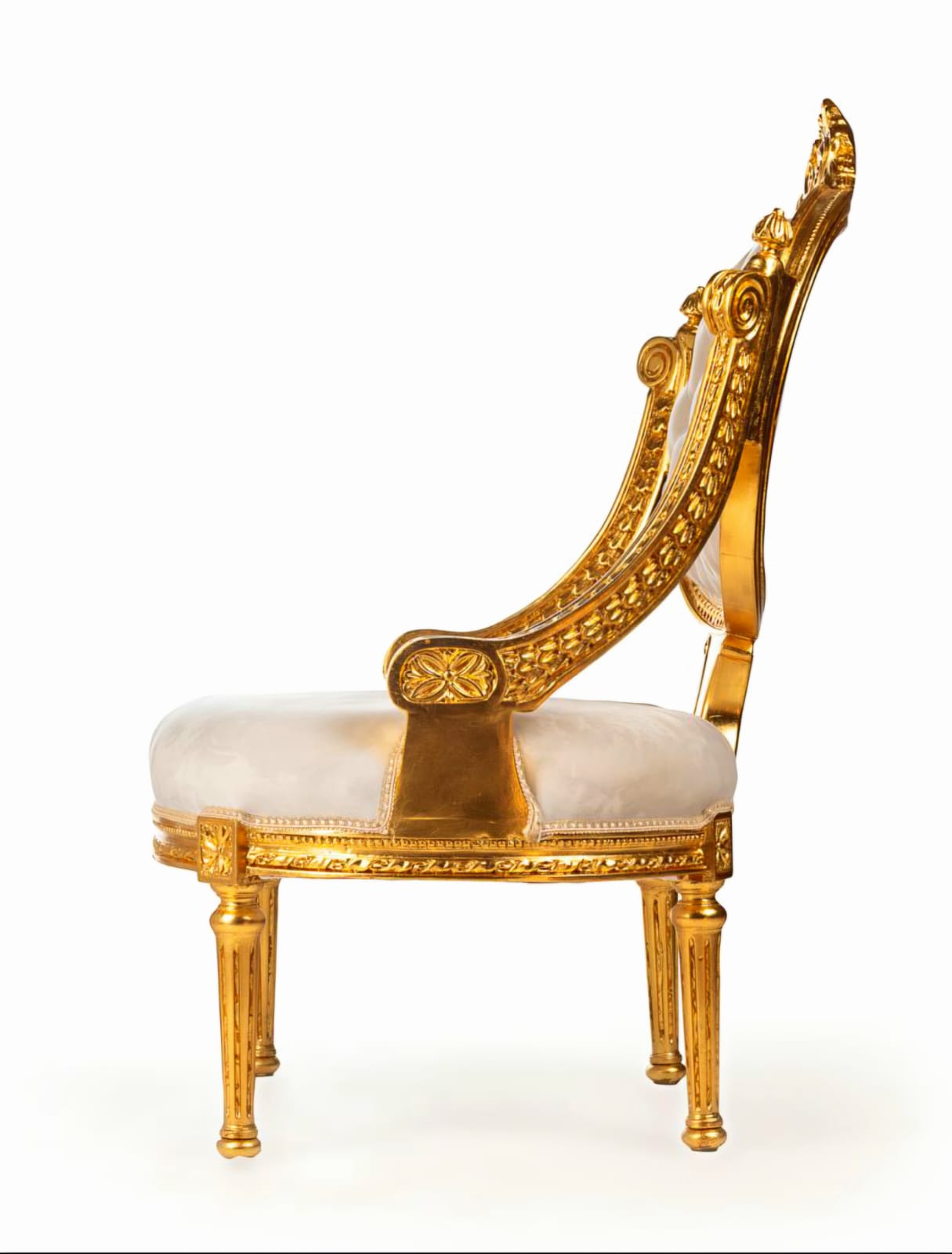 French Style White Velvet Chair with Gold Leaf Details - Armchair
