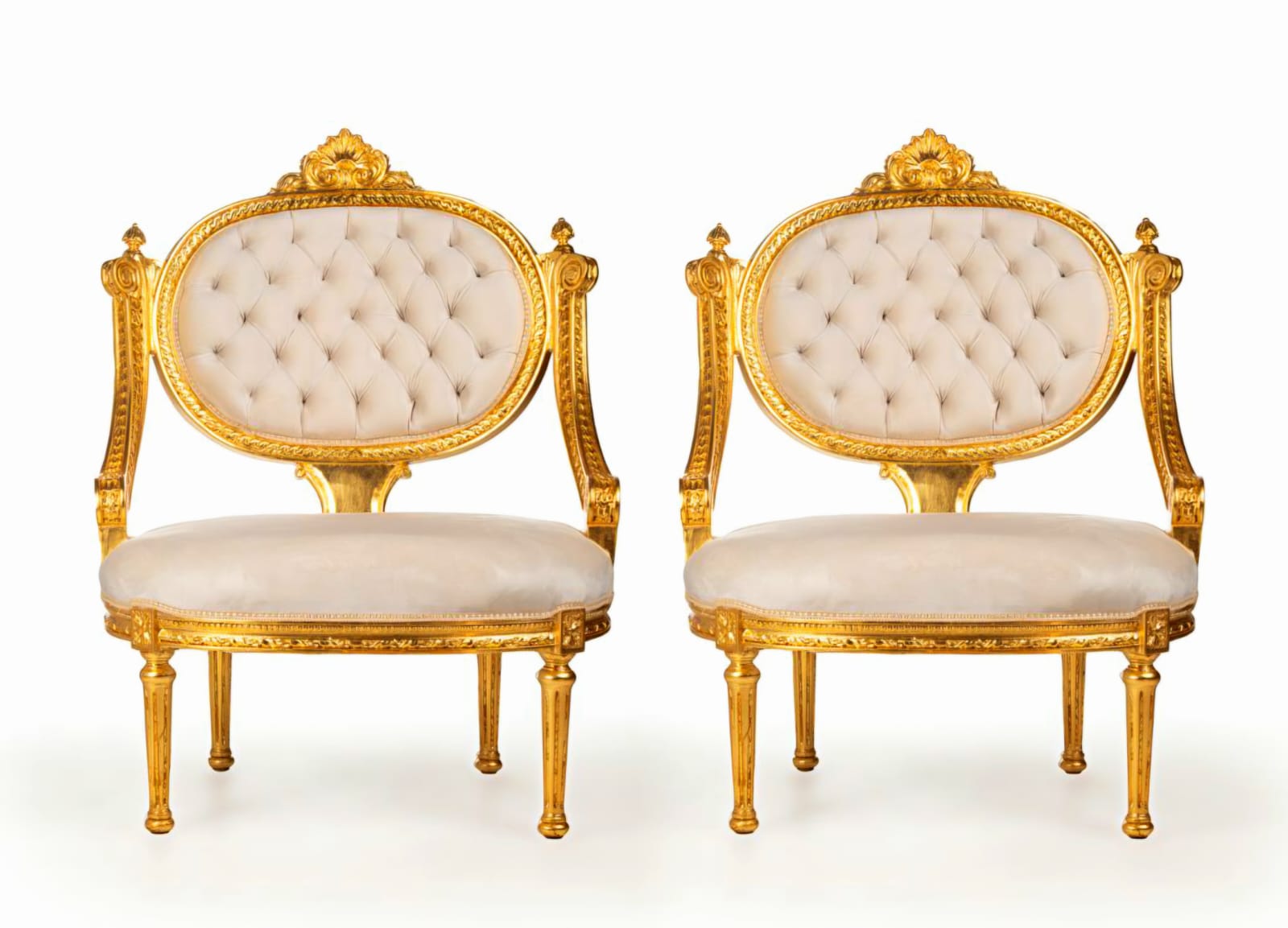French Style White Velvet Chair with Gold Leaf Details - Armchair