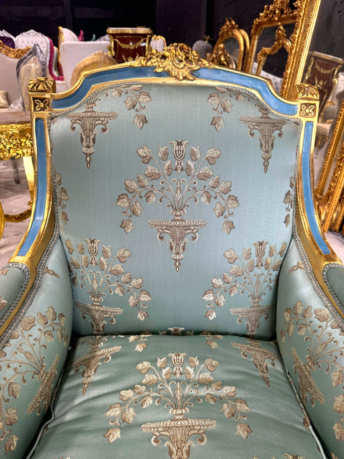 French Louis XV Style Blue-Green Bergere Wing Chair with Blue Trim and Gold Leaf Details