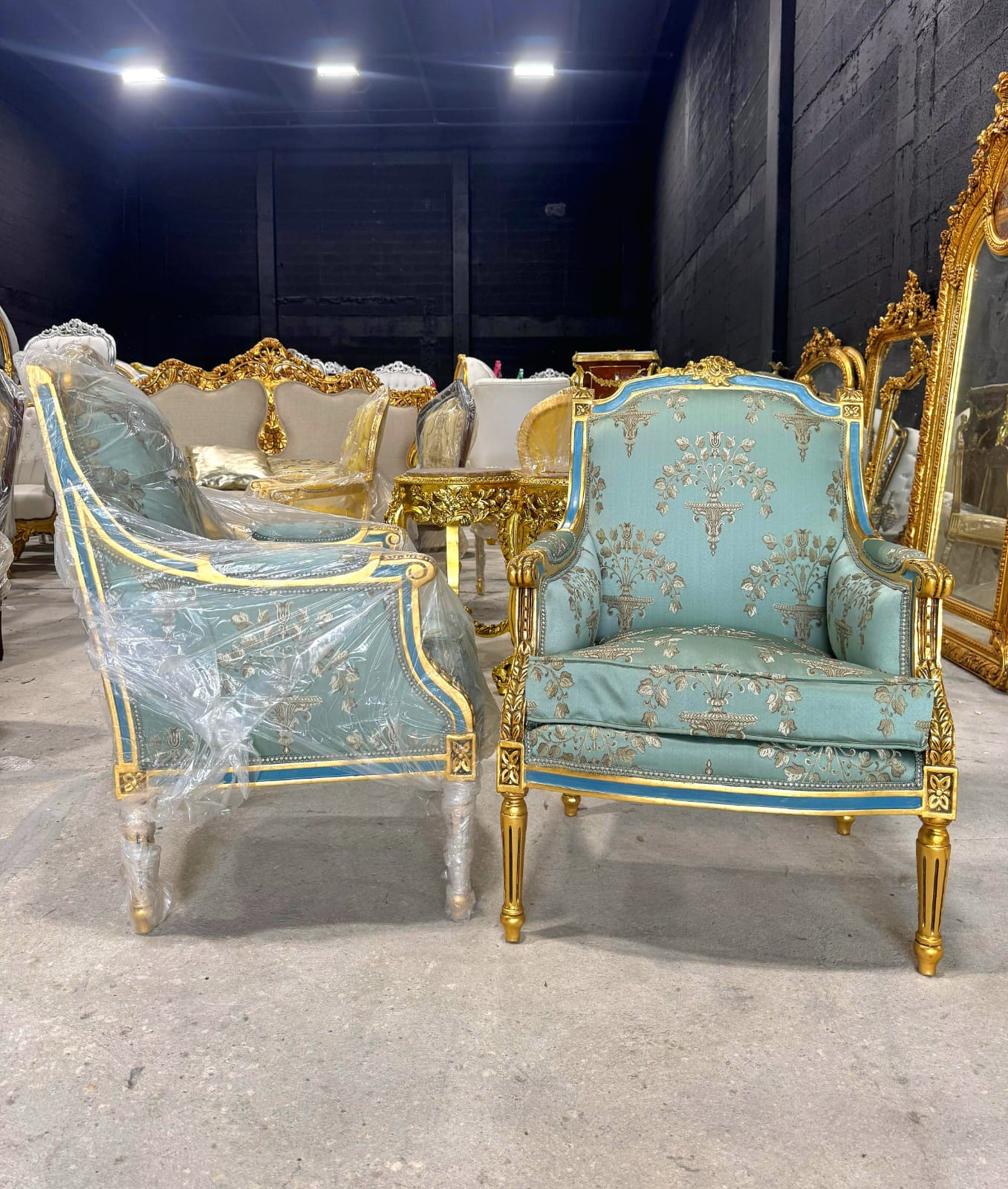 French Louis XV Style Blue-Green Bergere Wing Chair with Blue Trim and Gold Leaf Details