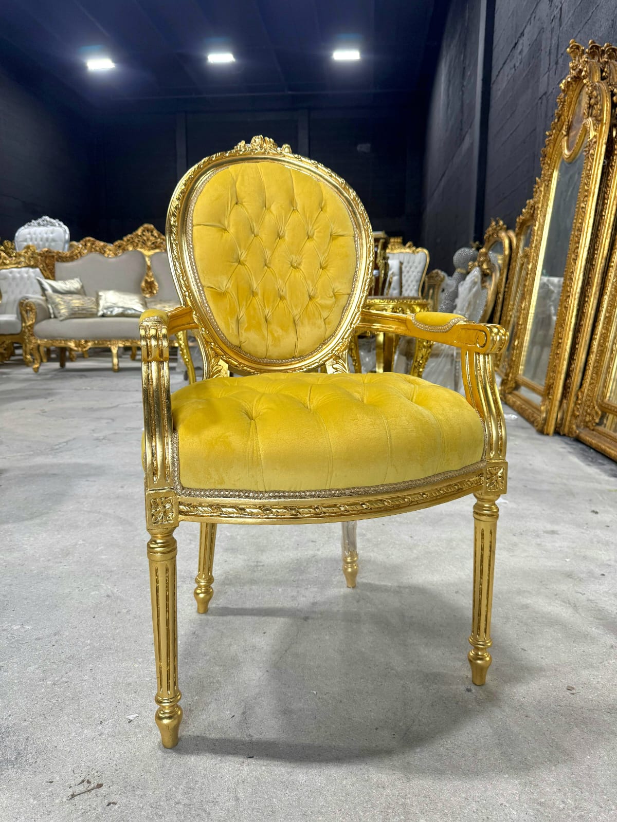 French Rococo Baroque Golden Yellow Velvet Chair with Exquisite Gold Leaf Details